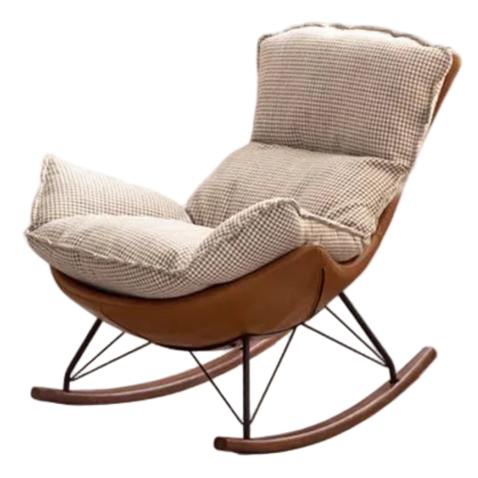 Beech Solid Wood Mid-Century Rocking Accent Chair with Houndstooth Cushion