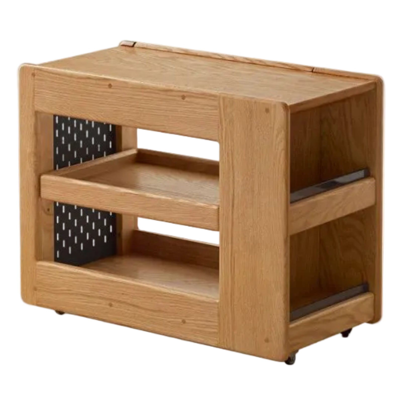 Oak Solid Wood Side Table with Mobile Trolley and Storage Functionality