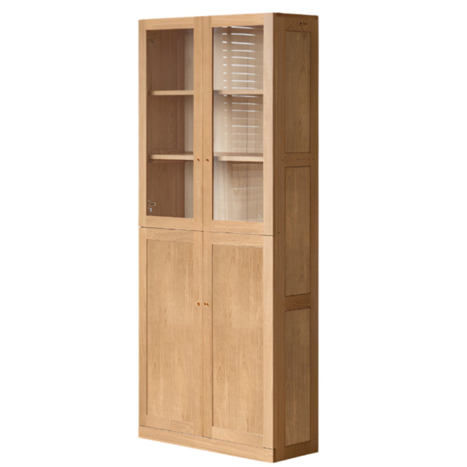 Oak, Solid Rubberwood Bookcase With Glass Doors