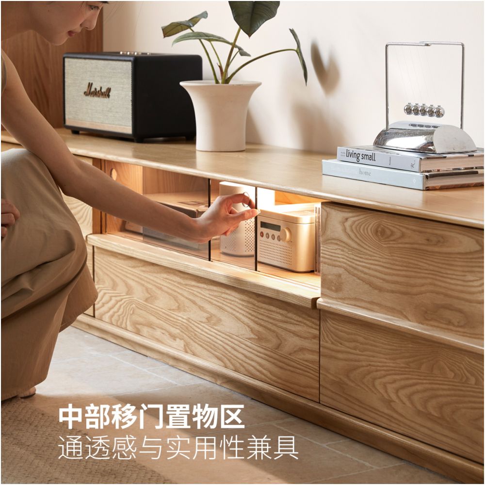Genji Wood Language solid wood TV cabinet living room wabi sabi style ash wood storage cabinet home floor to ceiling wall cabinet image 0