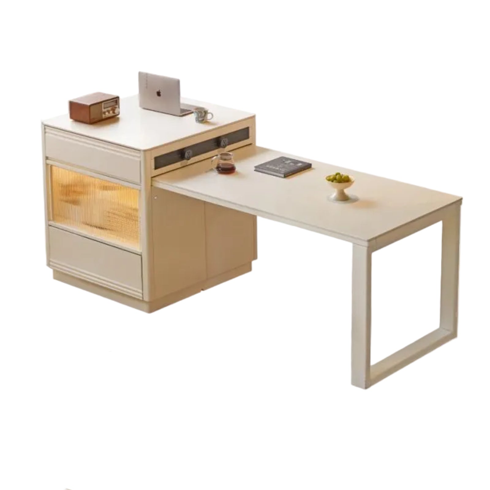 Solid Rubberwood Cream-Style Extendable White Slab Island