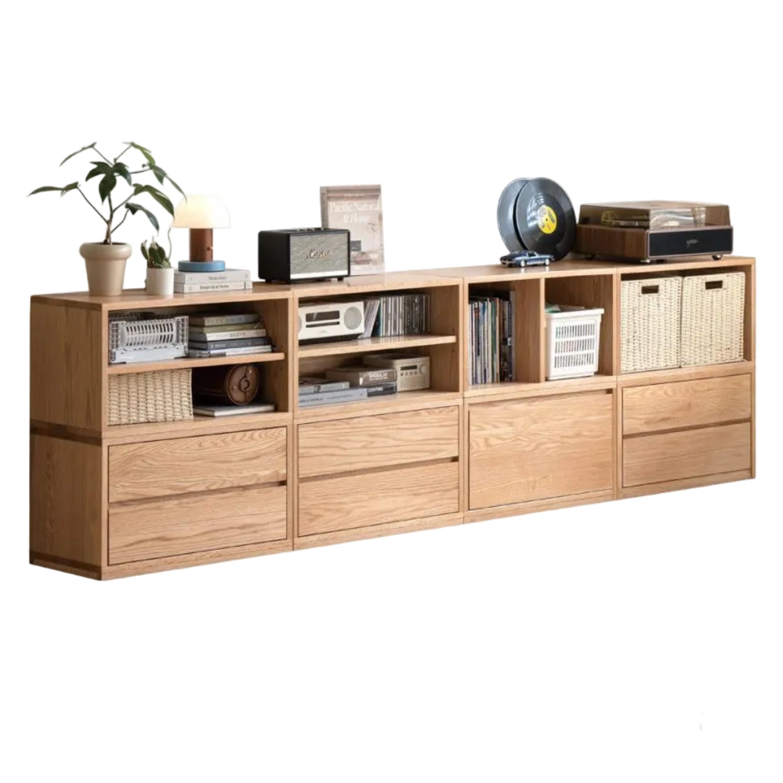 Ash Solid Wood Modern TV Cabinet with Freely Combineable Bookshelf and Storage