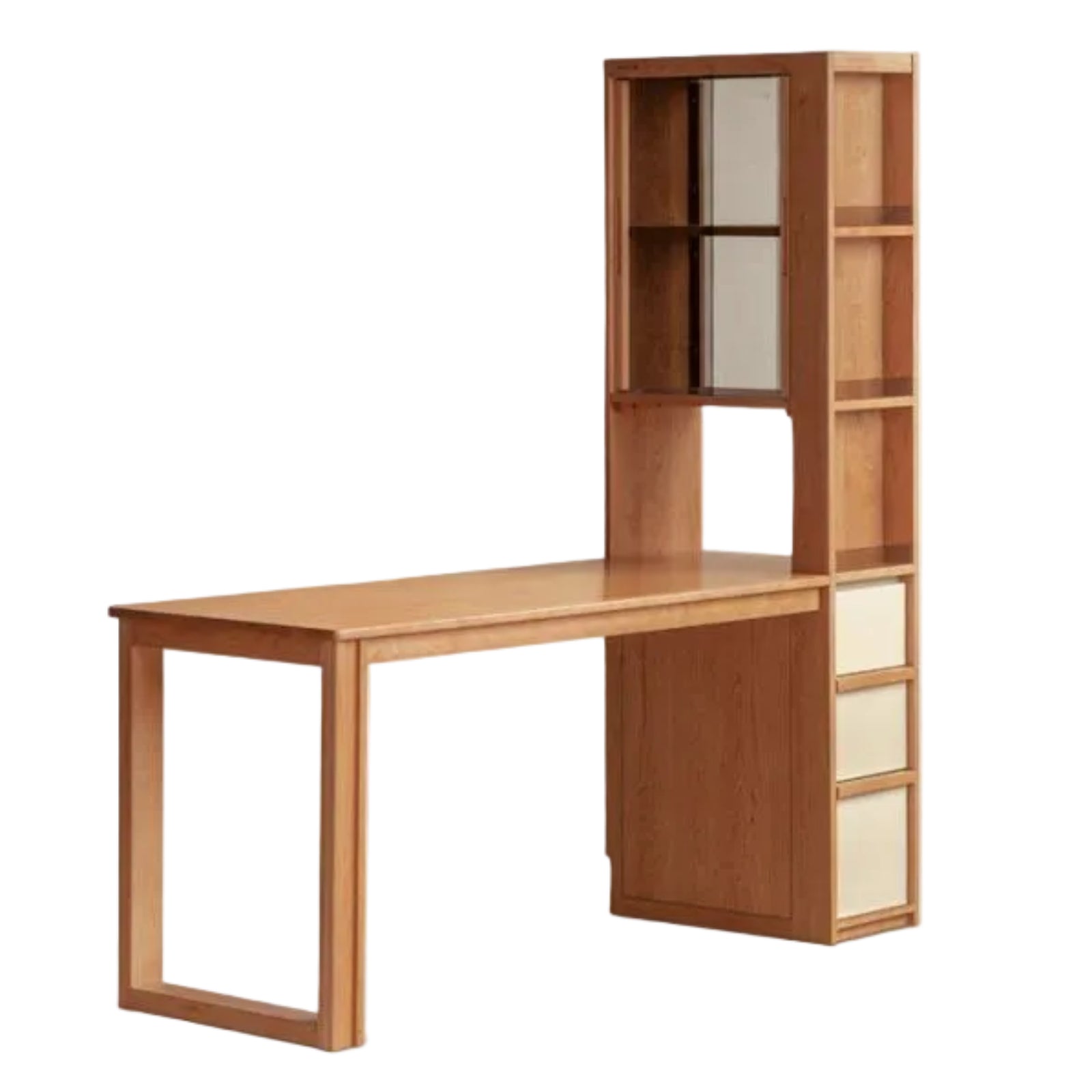 Cherry Solid Wood Office Desk with Integrated Bookshelf