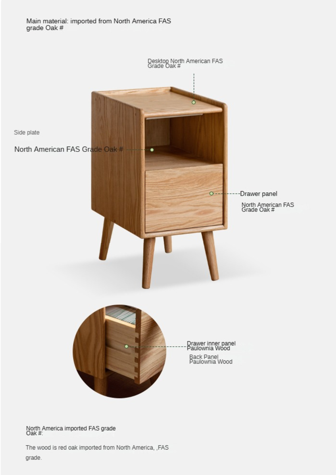 Oak Solid Wood, Solid Rubberwood Ultra-Narrow Nightstand.