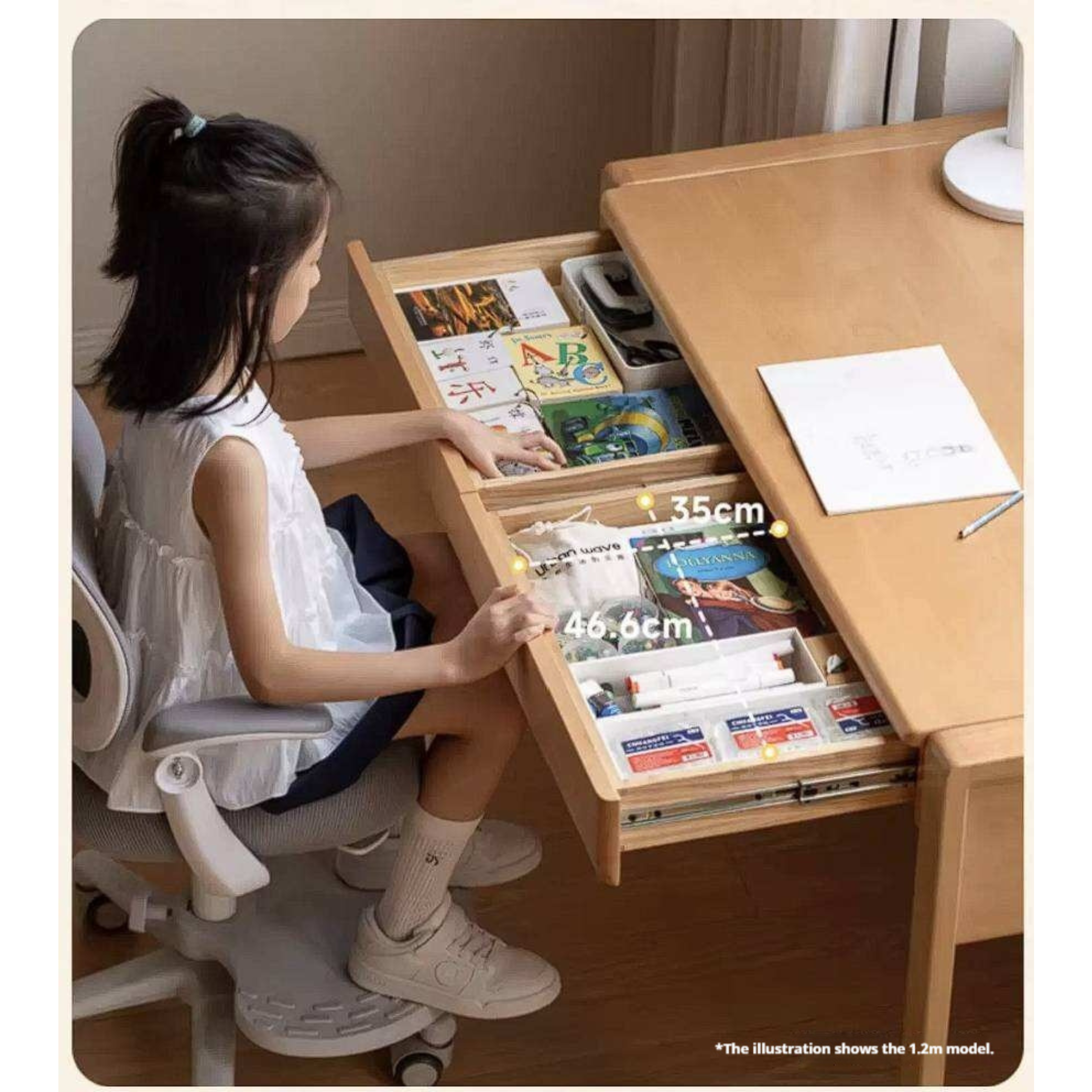 Beech, Solid Rubberwood Adjustable Height Children's Study Desk With Integrated Bookshelf