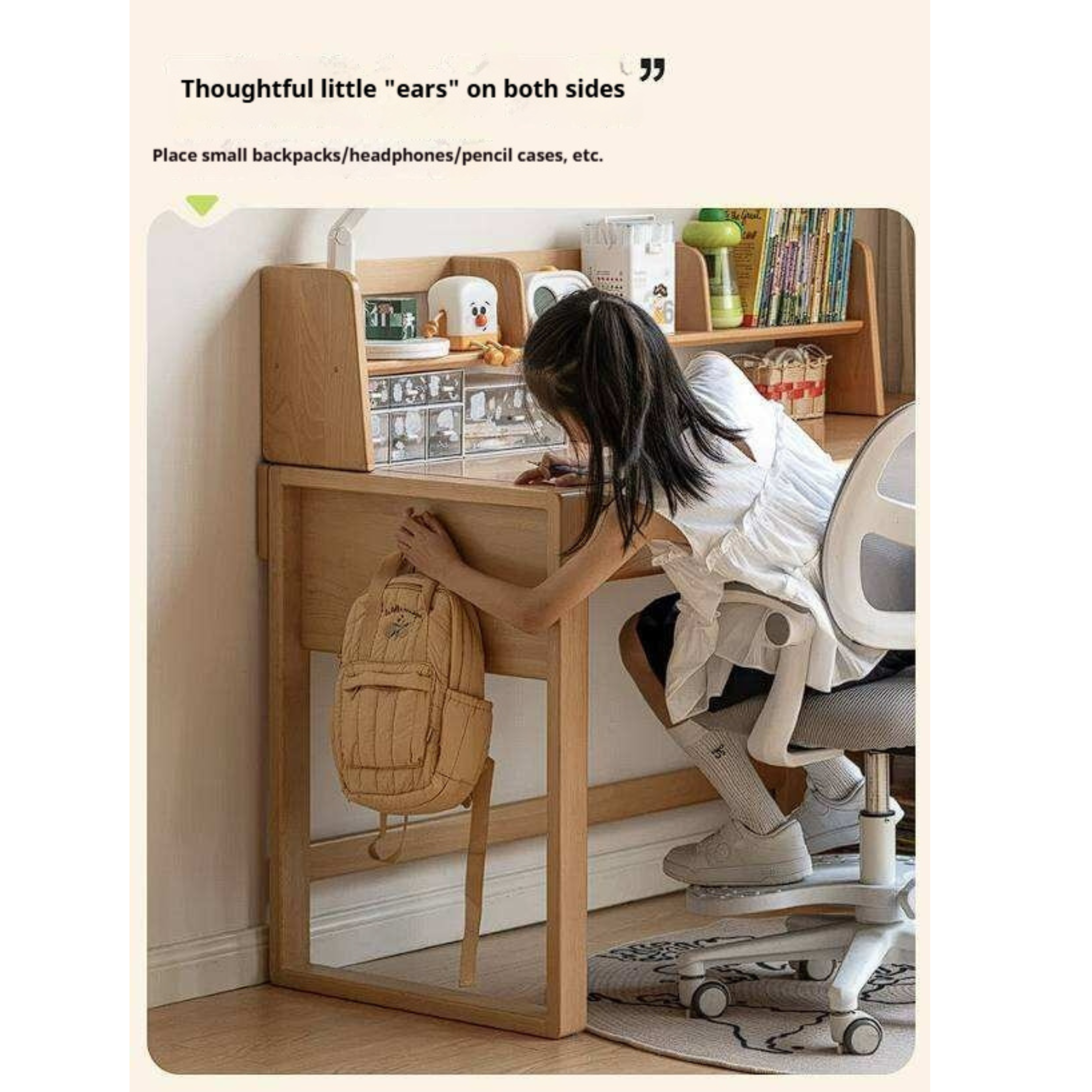 Beech, Solid Rubberwood Adjustable Height Children's Study Desk With Integrated Bookshelf