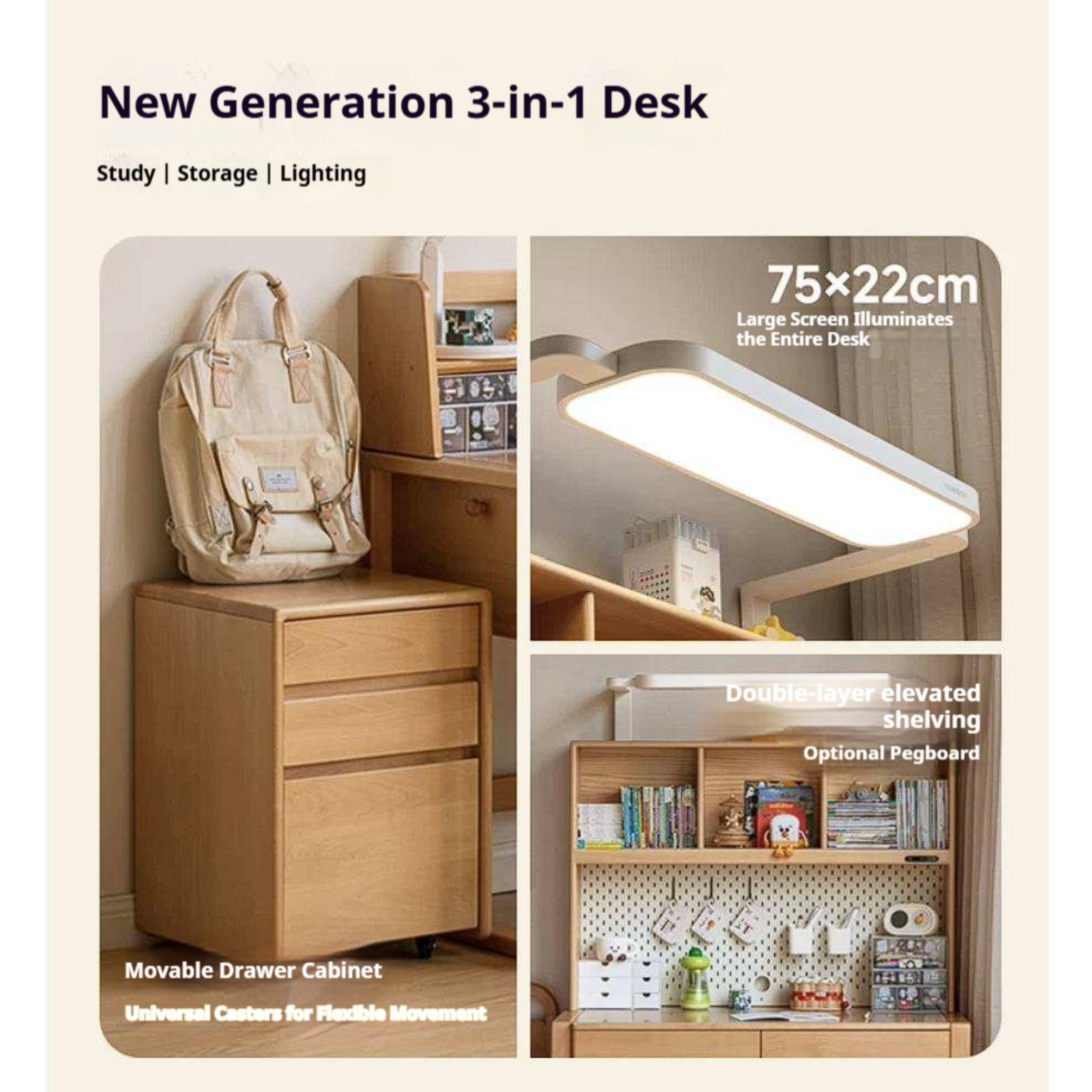 Beech, Solid Rubberwood Adjustable Height Children's Study Desk With Integrated Bookshelf