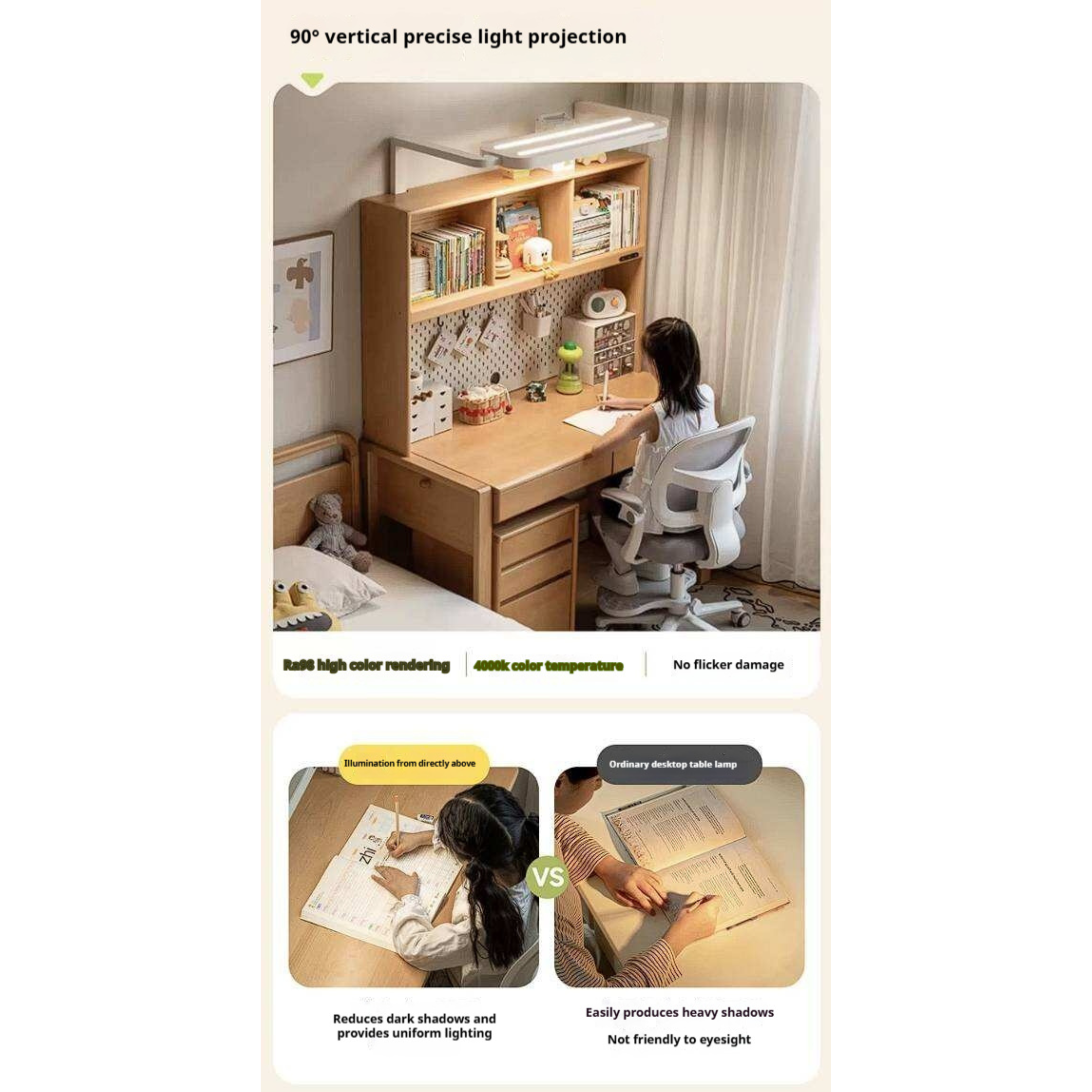 Beech, Solid Rubberwood Adjustable Height Children's Study Desk With Integrated Bookshelf