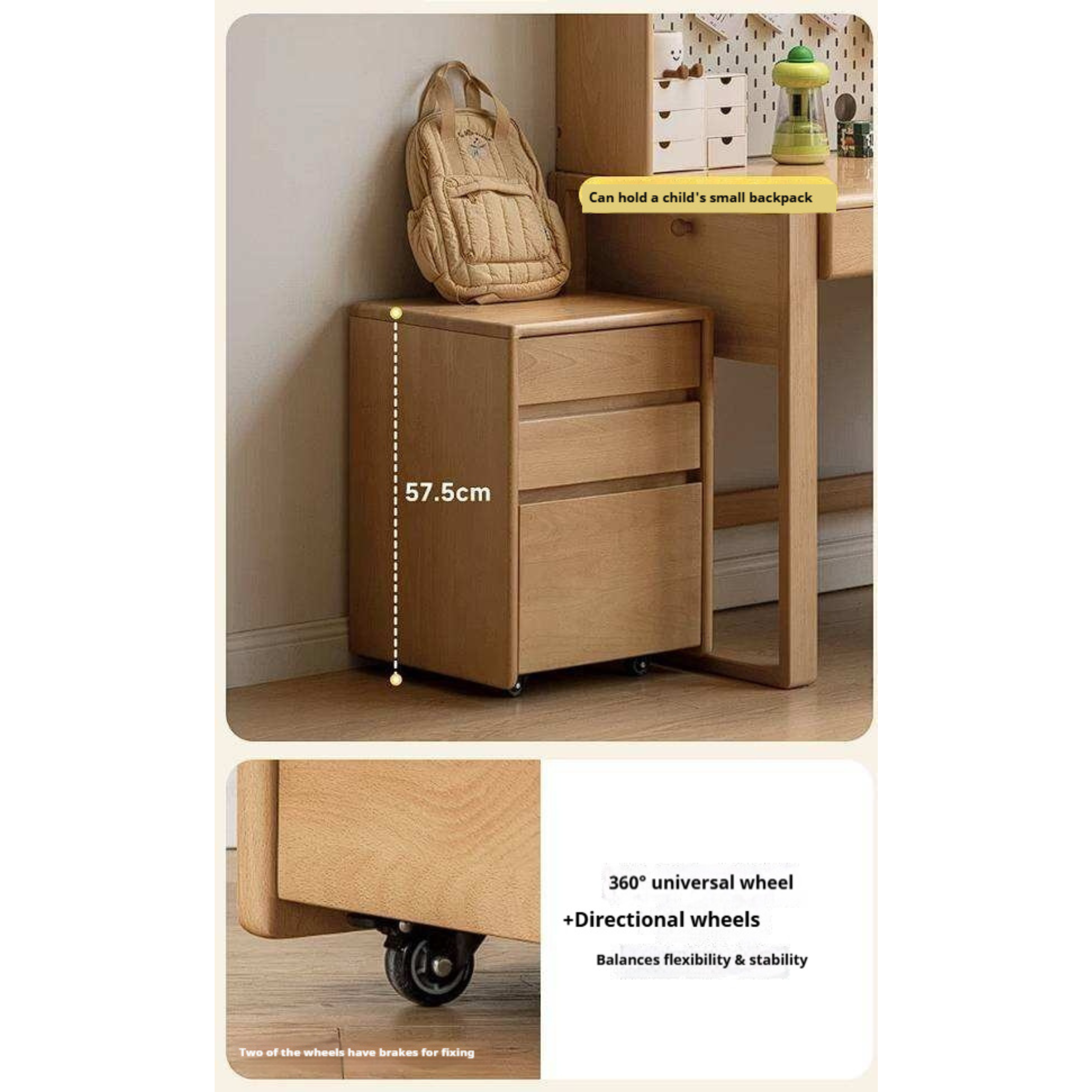 Beech, Solid Rubberwood Adjustable Height Children's Study Desk With Integrated Bookshelf