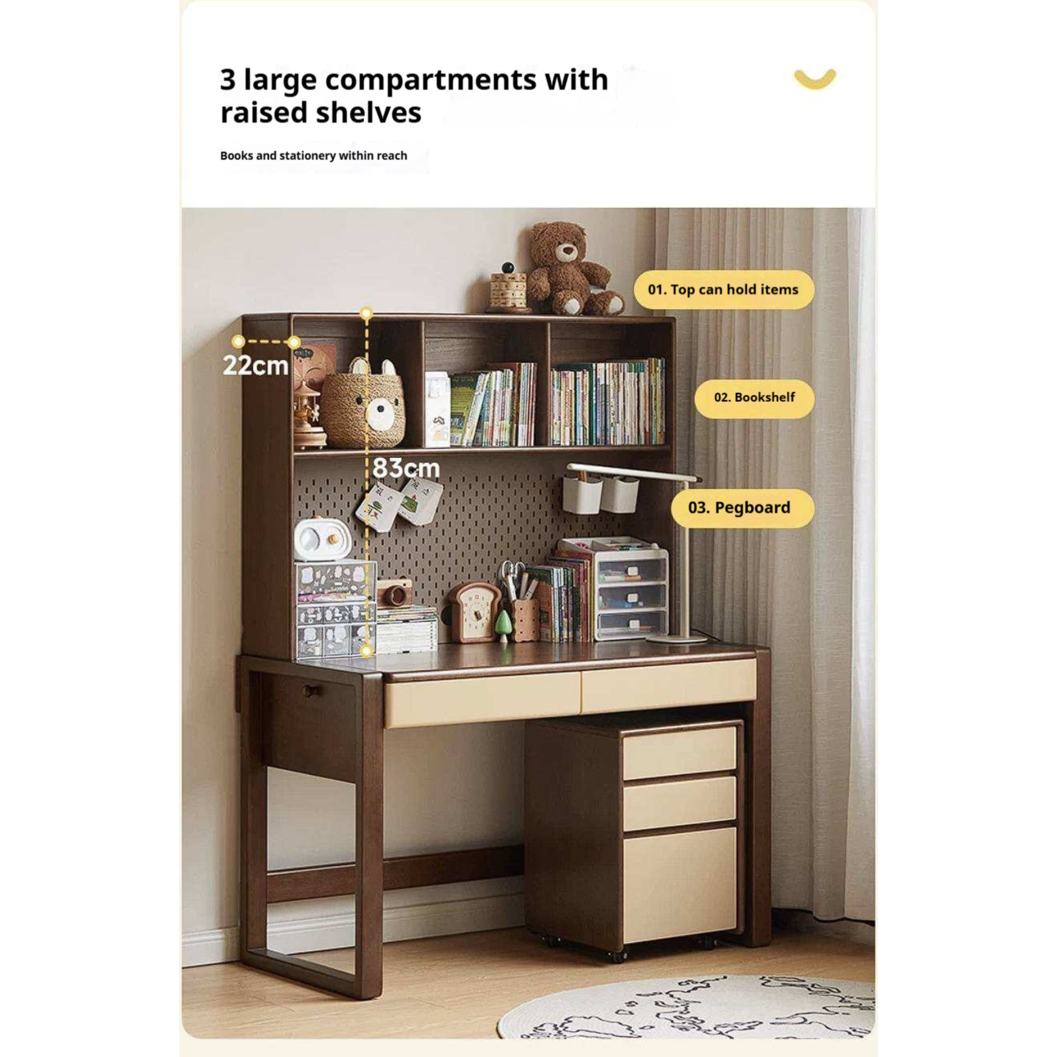 Solid Rubberwood Children's Desk With Bookshelf