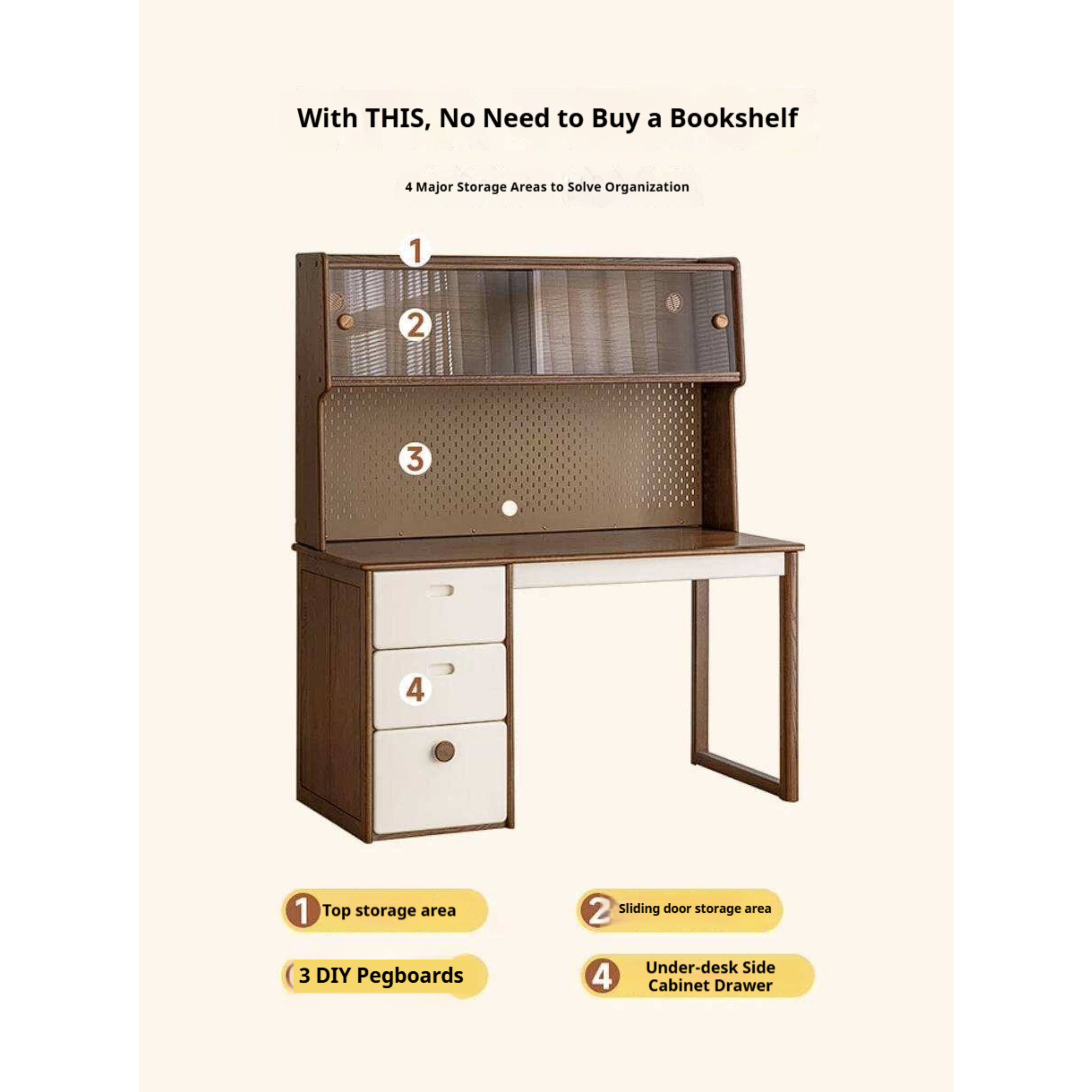 Oak Solid Wood Retro Style Kids Study Desk with Integrated Bookshelf