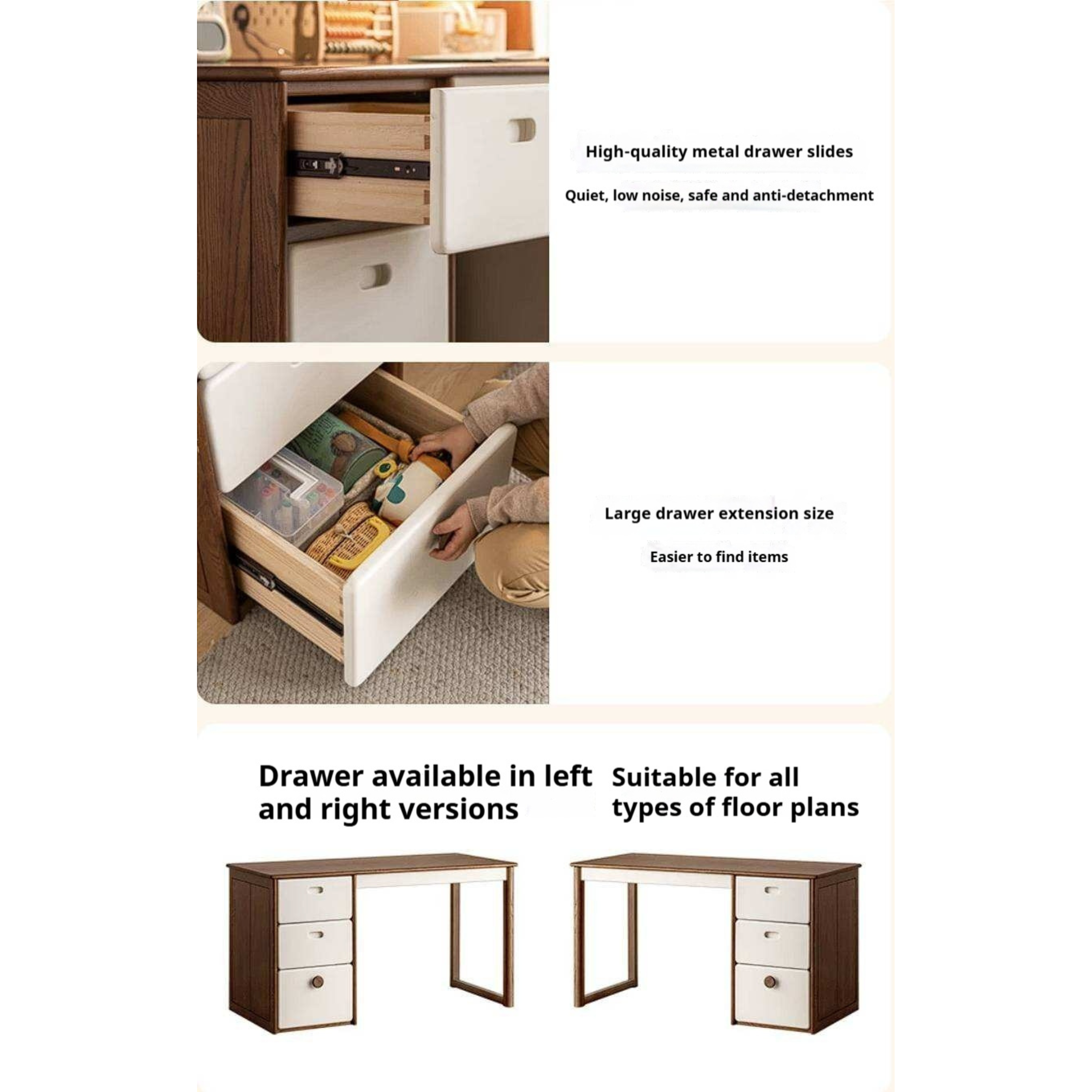 Oak Solid Wood Retro Style Kids Study Desk with Integrated Bookshelf