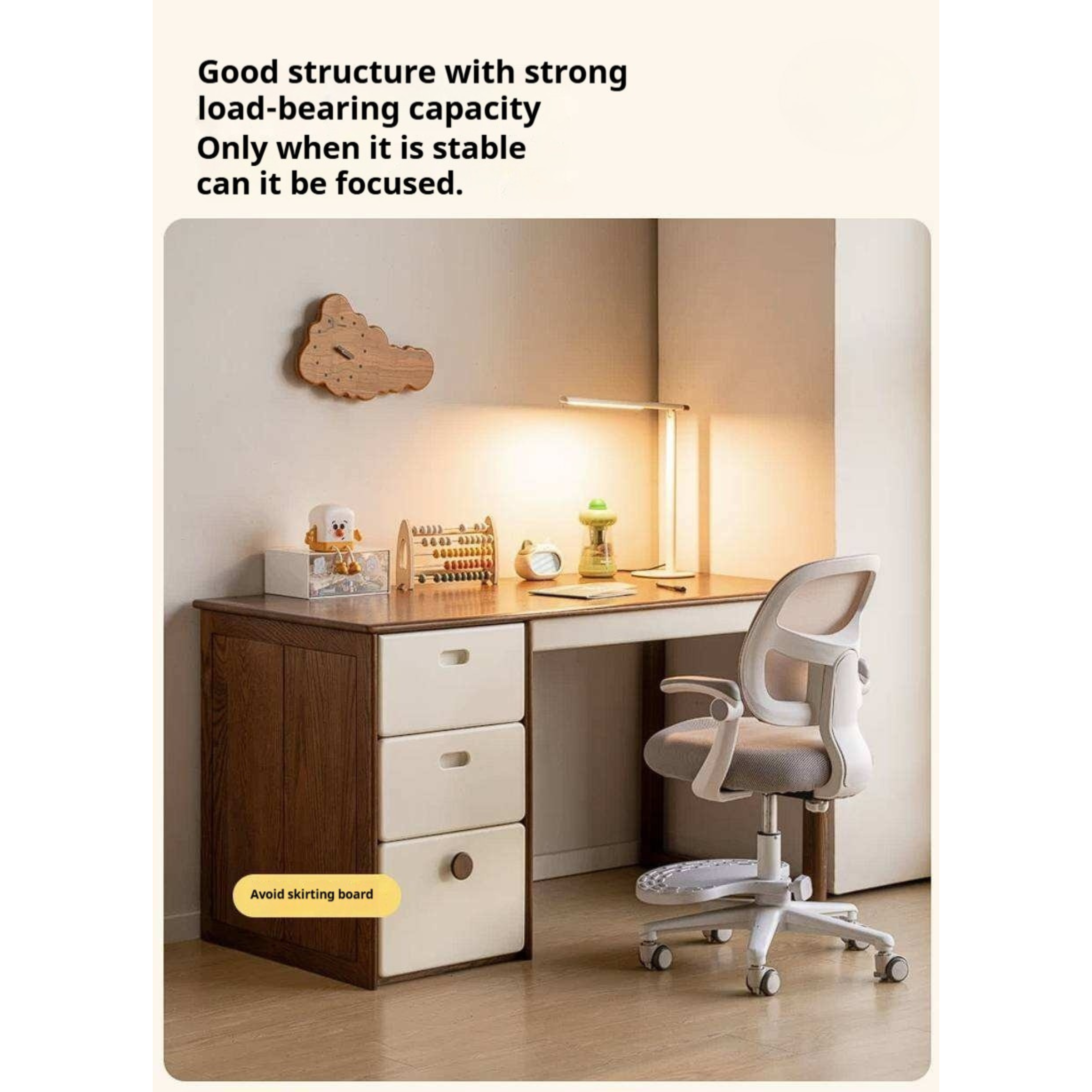 Oak Solid Wood Retro Style Kids Study Desk with Integrated Bookshelf