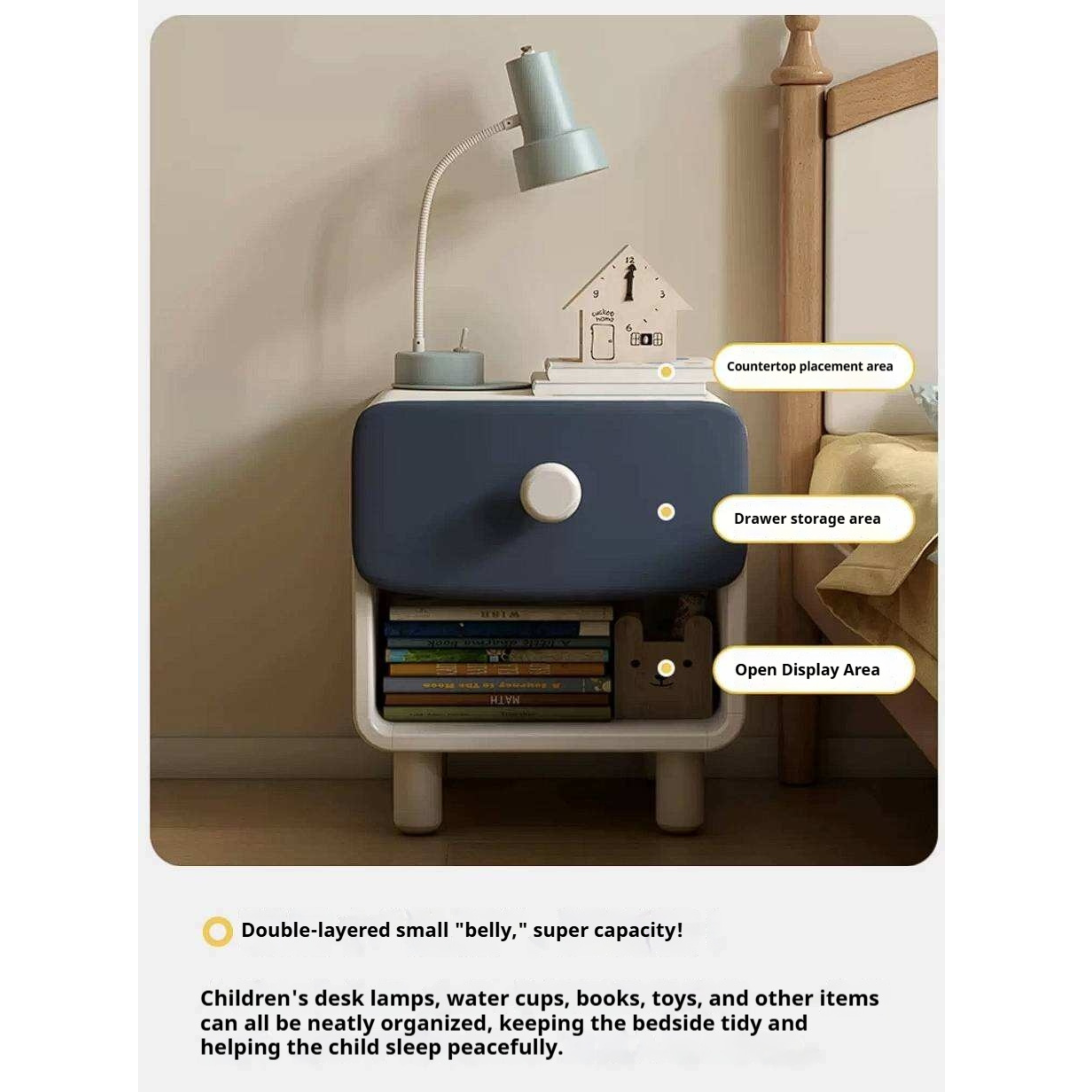 Solid Rubberwood Kids Modern Nightstand