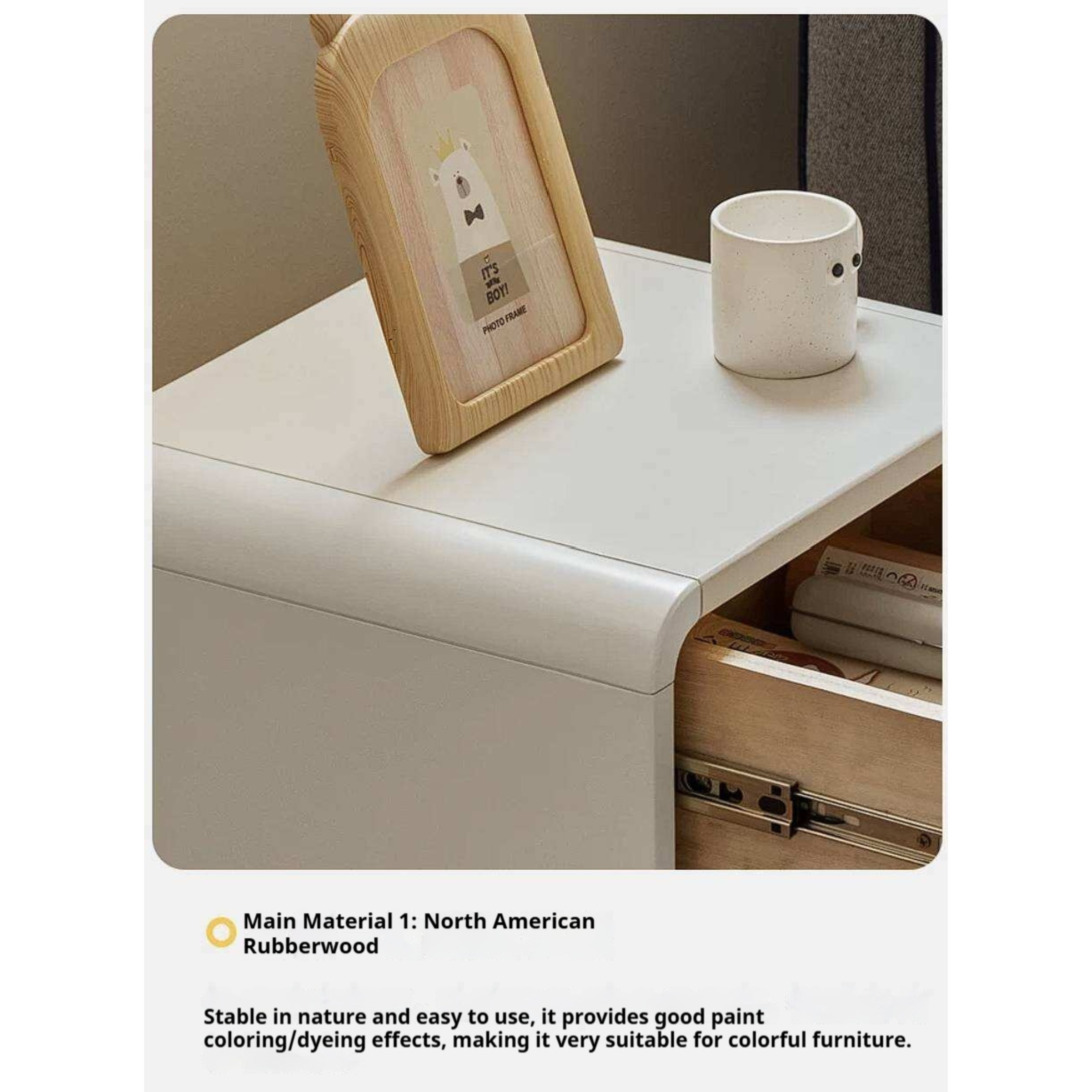 Solid Rubberwood Kids Modern Nightstand