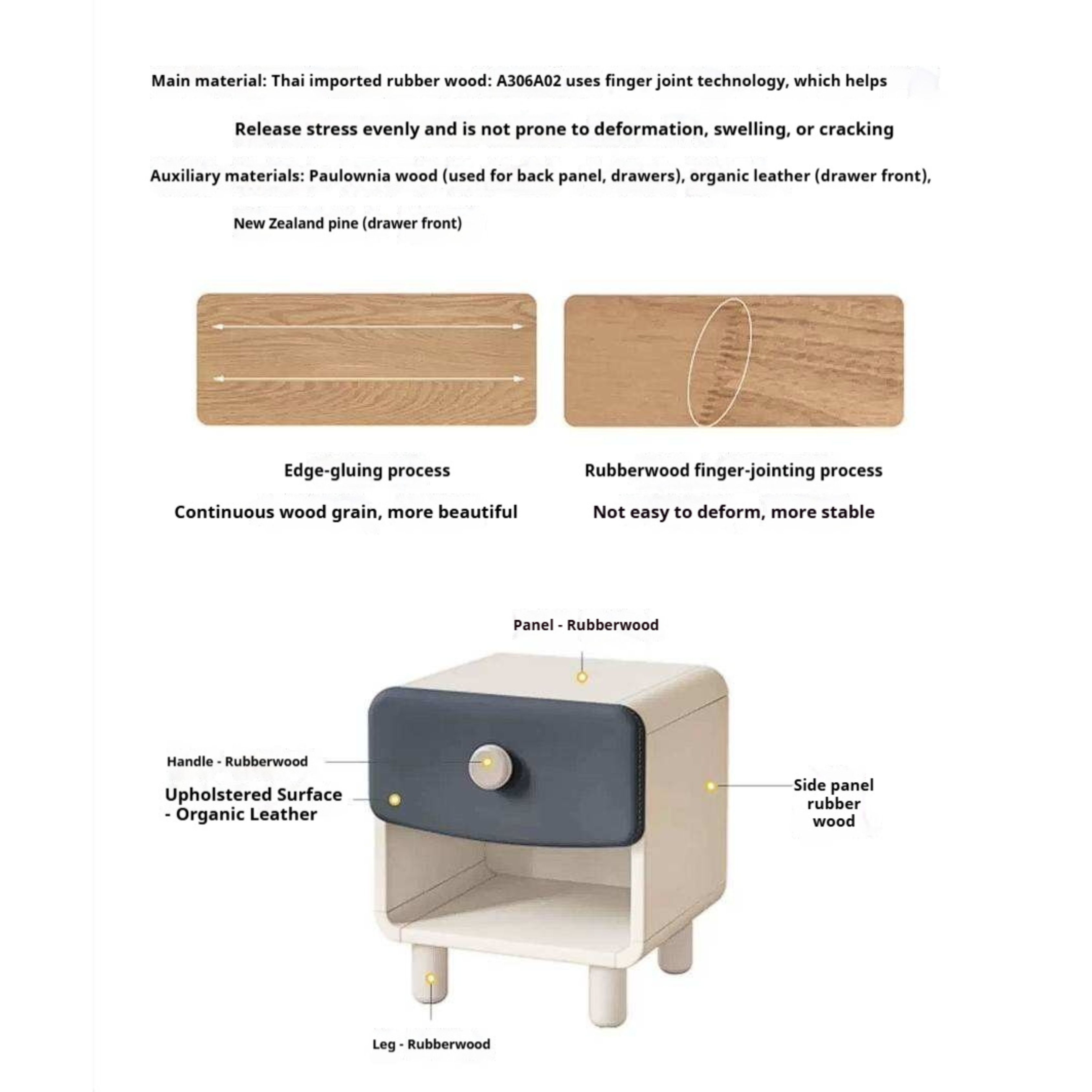Solid Rubberwood Kids Modern Nightstand