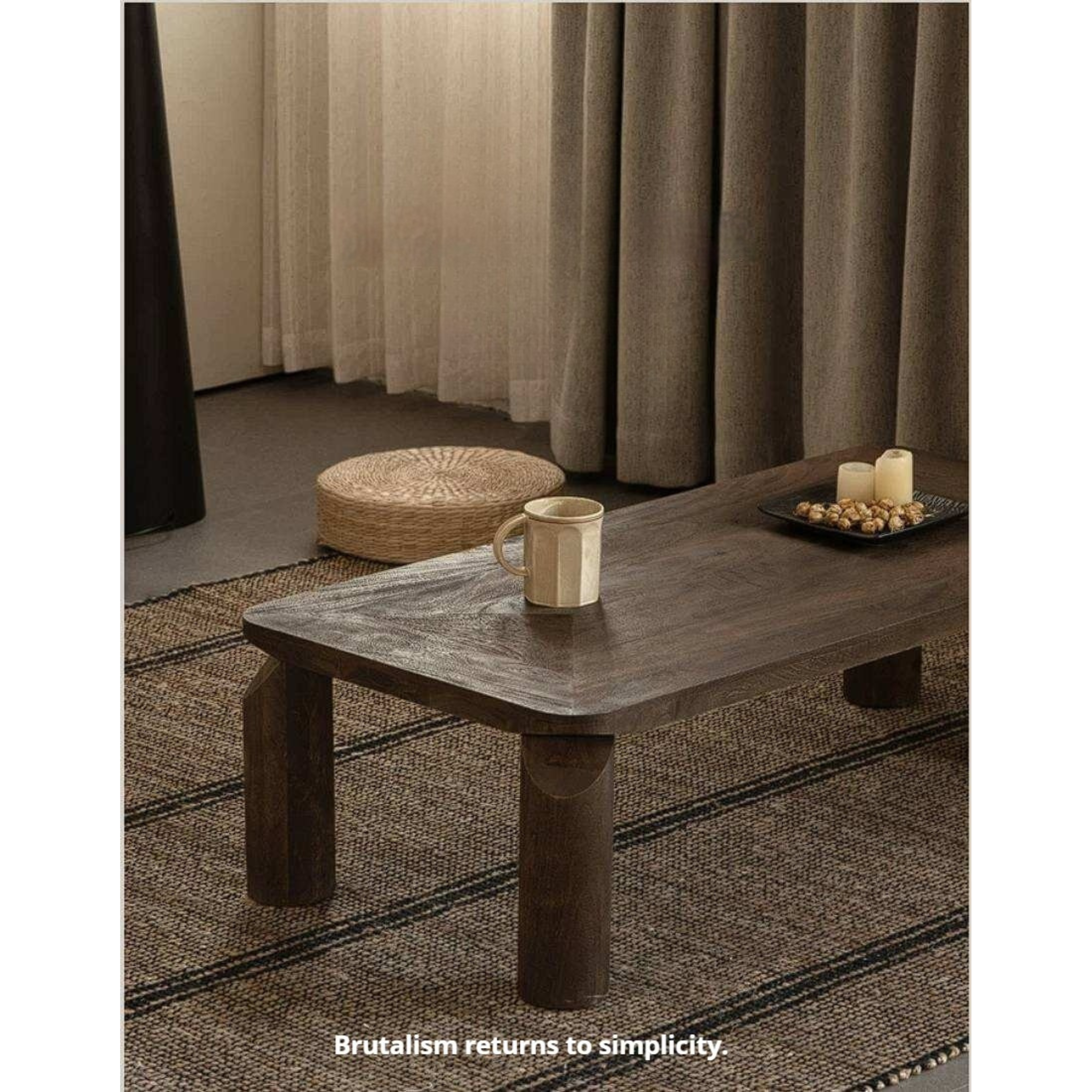 Mango Wood Solid Rustic Low Coffee Table with Chunky Cylindrical Legs
