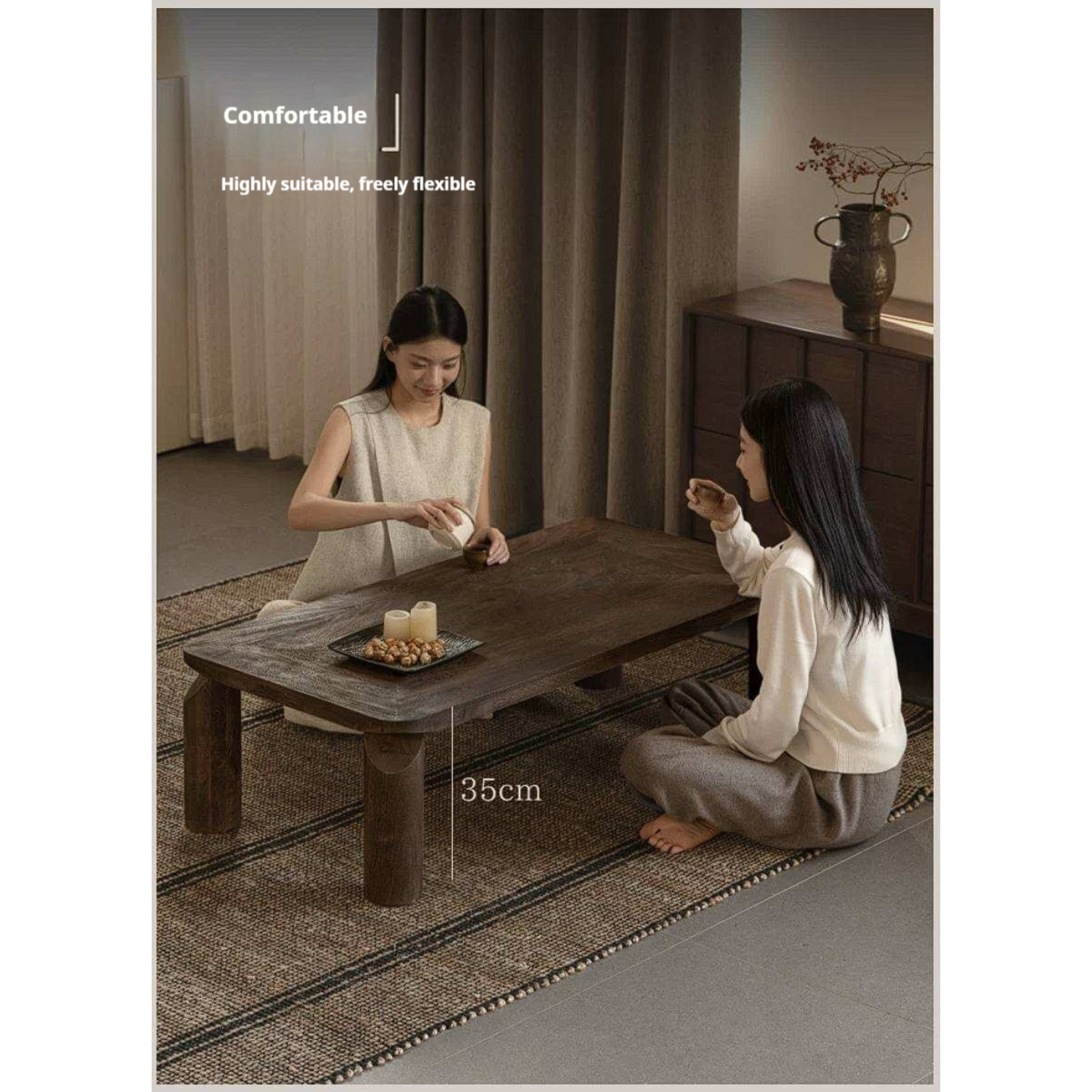 Mango Wood Solid Rustic Low Coffee Table with Chunky Cylindrical Legs