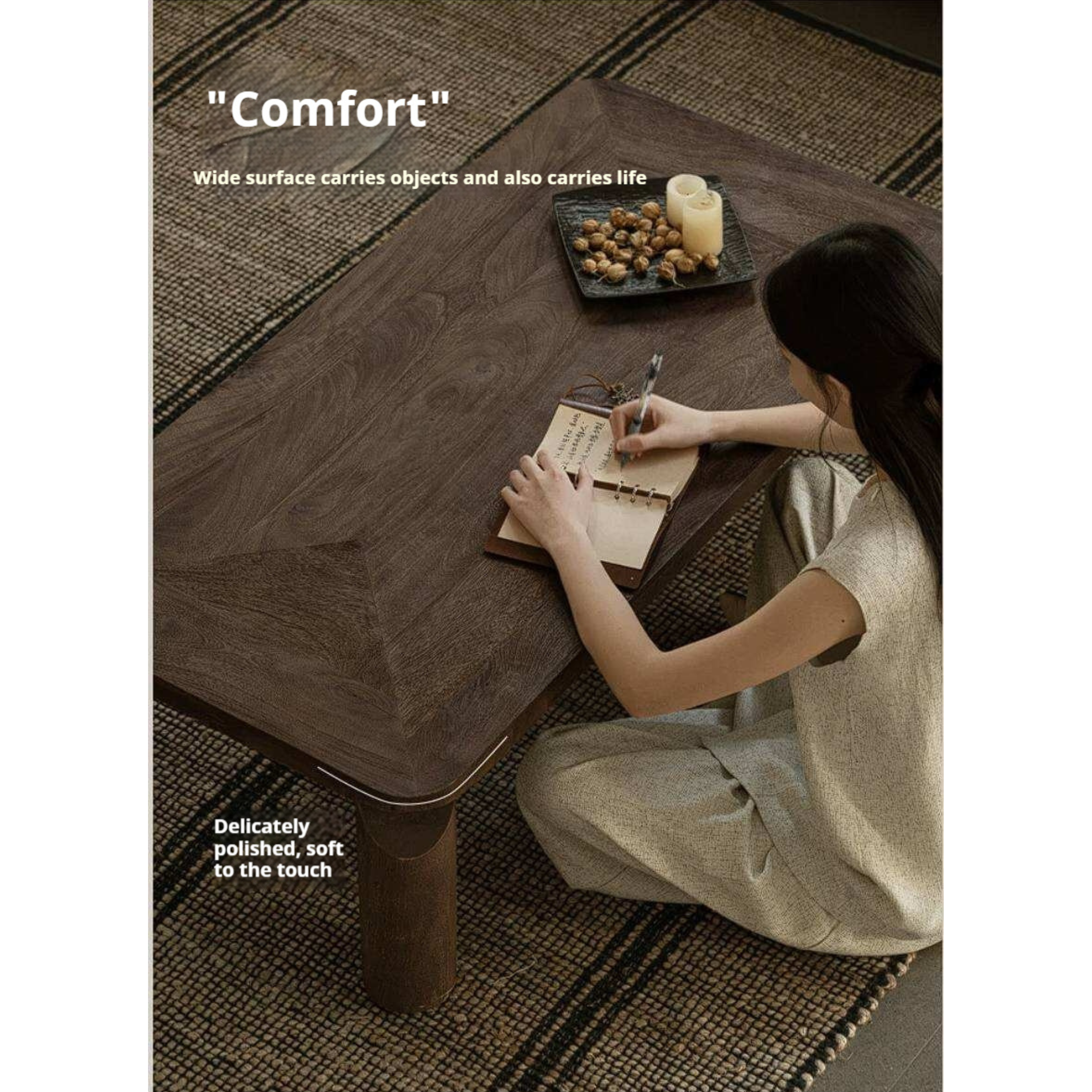 Mango Wood Solid Rustic Low Coffee Table with Chunky Cylindrical Legs