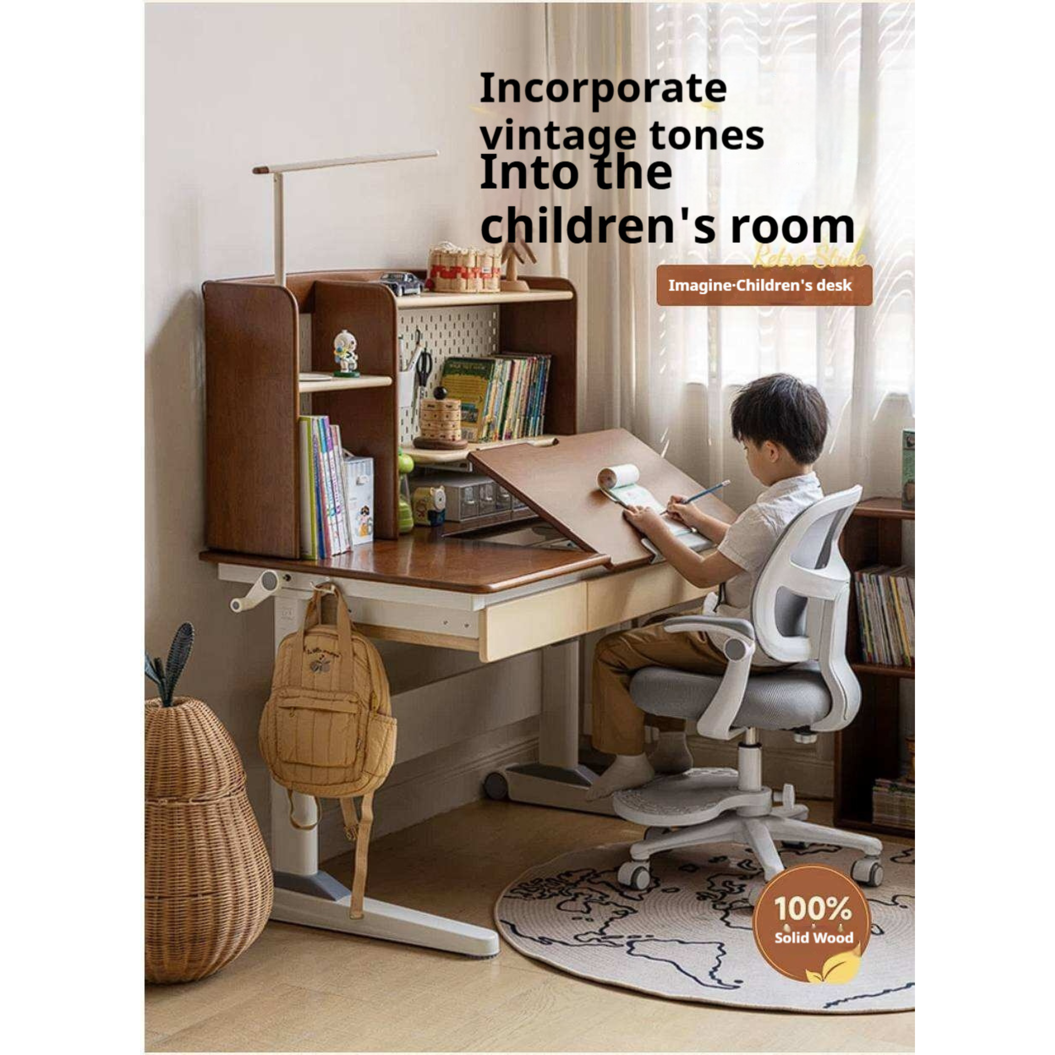Solid Rubberwood Retro Style Kids Study Desk