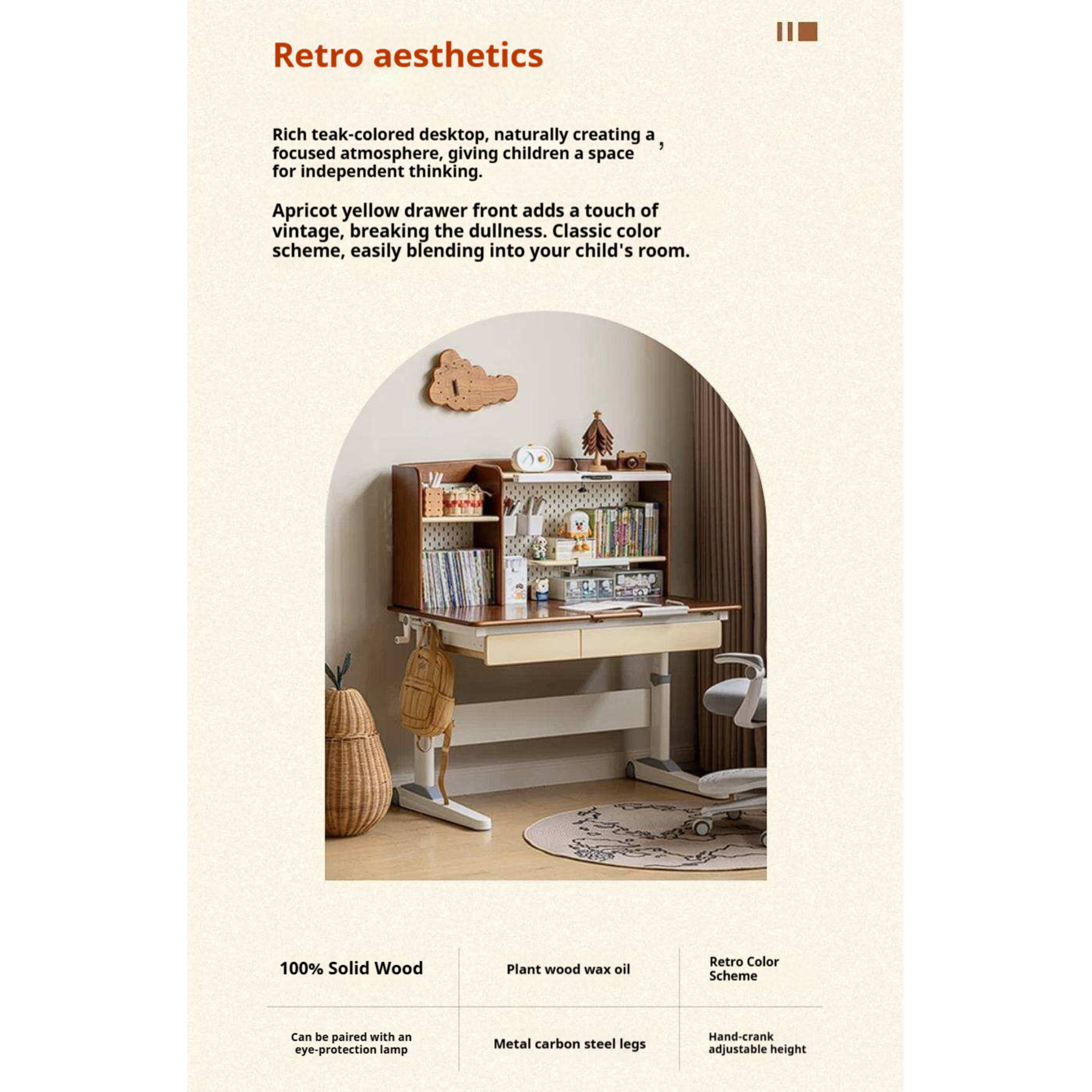 Solid Rubberwood Retro Style Kids Study Desk