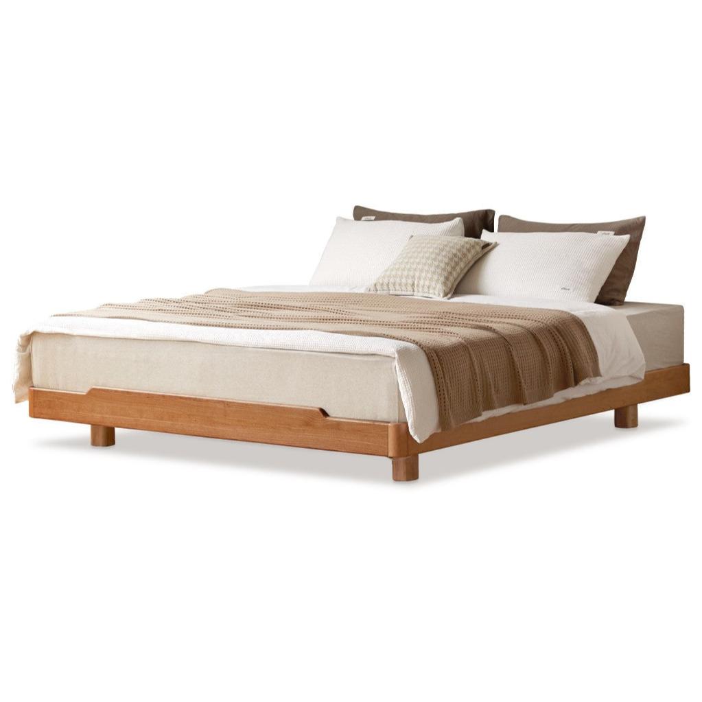 Cherry Wood Solid Wood platform bed, headboard-free bed with Light.