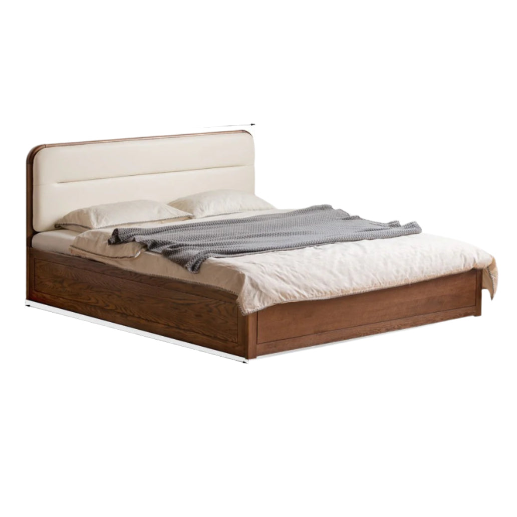 Oak Solid Wood Modern Genuine Leather, Organic Leather Storage Bed