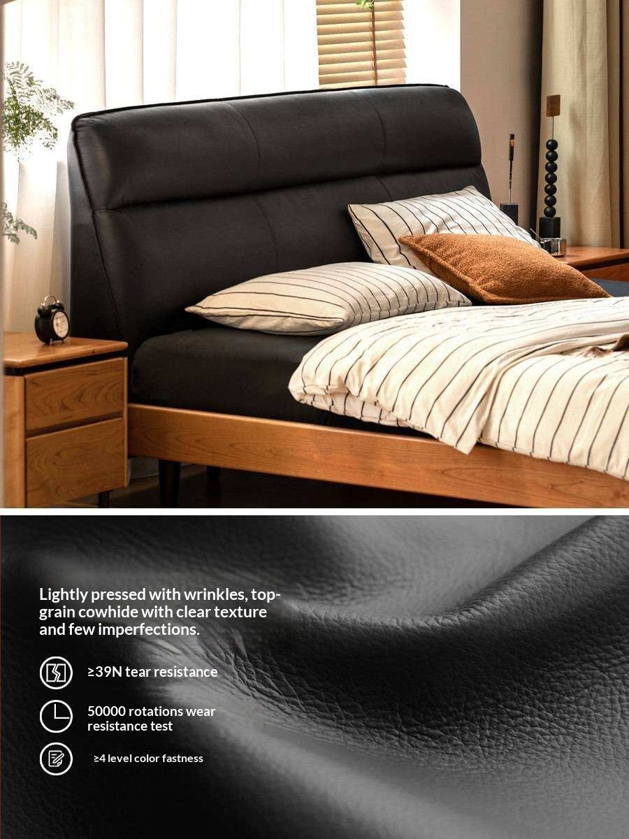 Cherry Solid Wood Genuine Leather Curved Upholstered Headboard Platform Bed