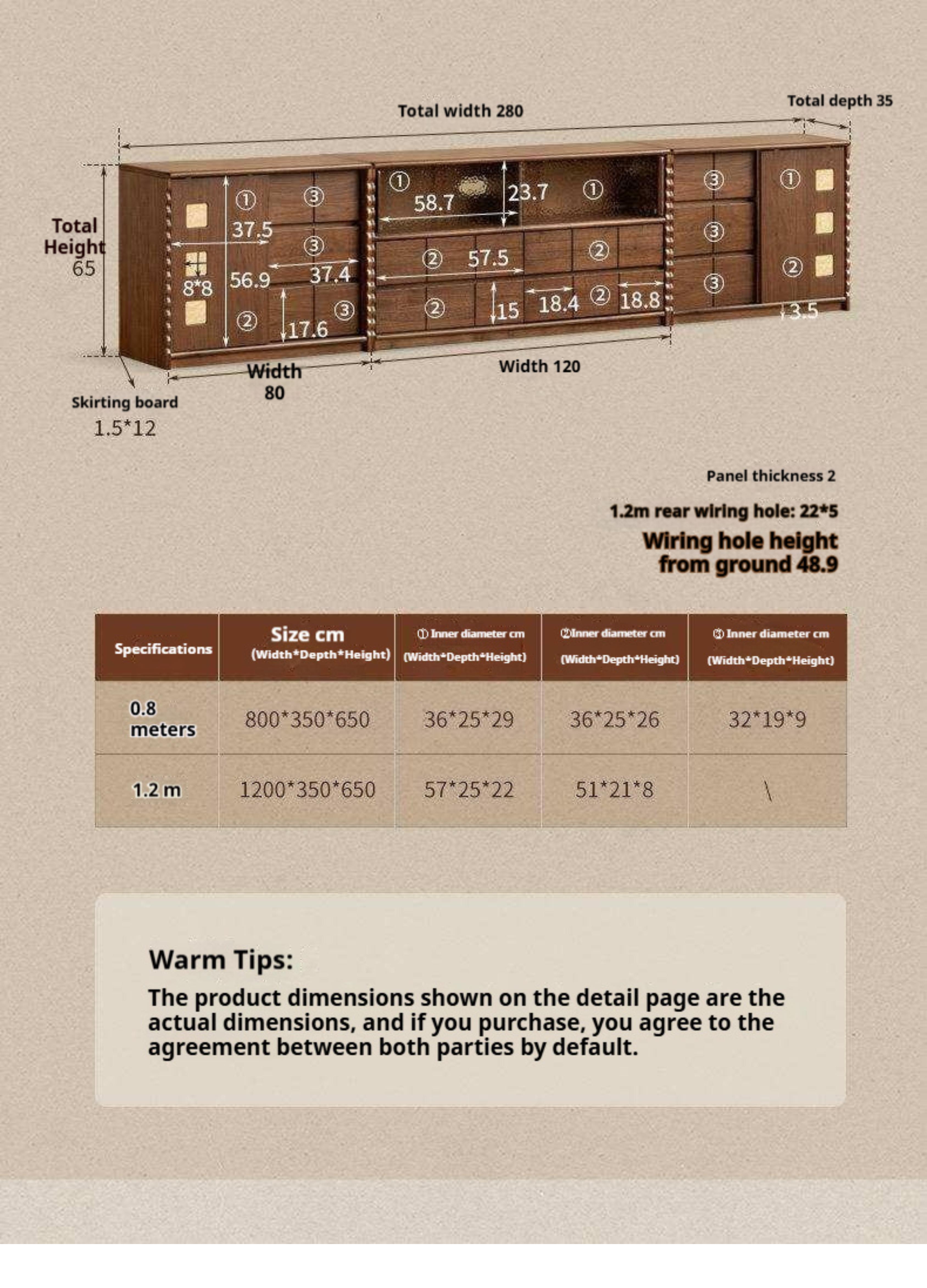 Black Walnut Solid Wood Tall TV Cabinet Modular Sideboard, Mid Century Gallery Style Storage Cabinet with Fluted Details