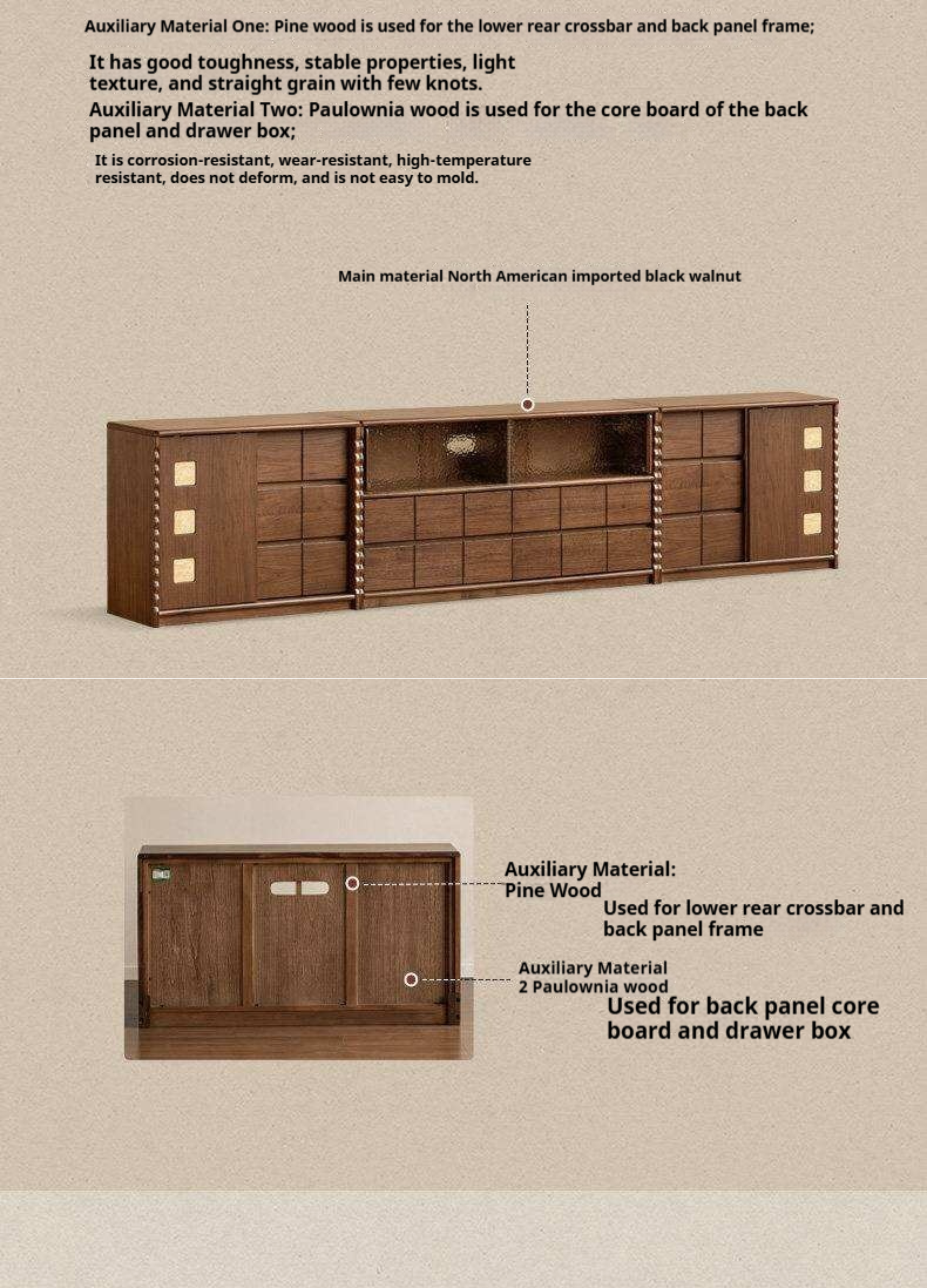 Black Walnut Solid Wood Tall TV Cabinet Modular Sideboard, Mid Century Gallery Style Storage Cabinet with Fluted Details