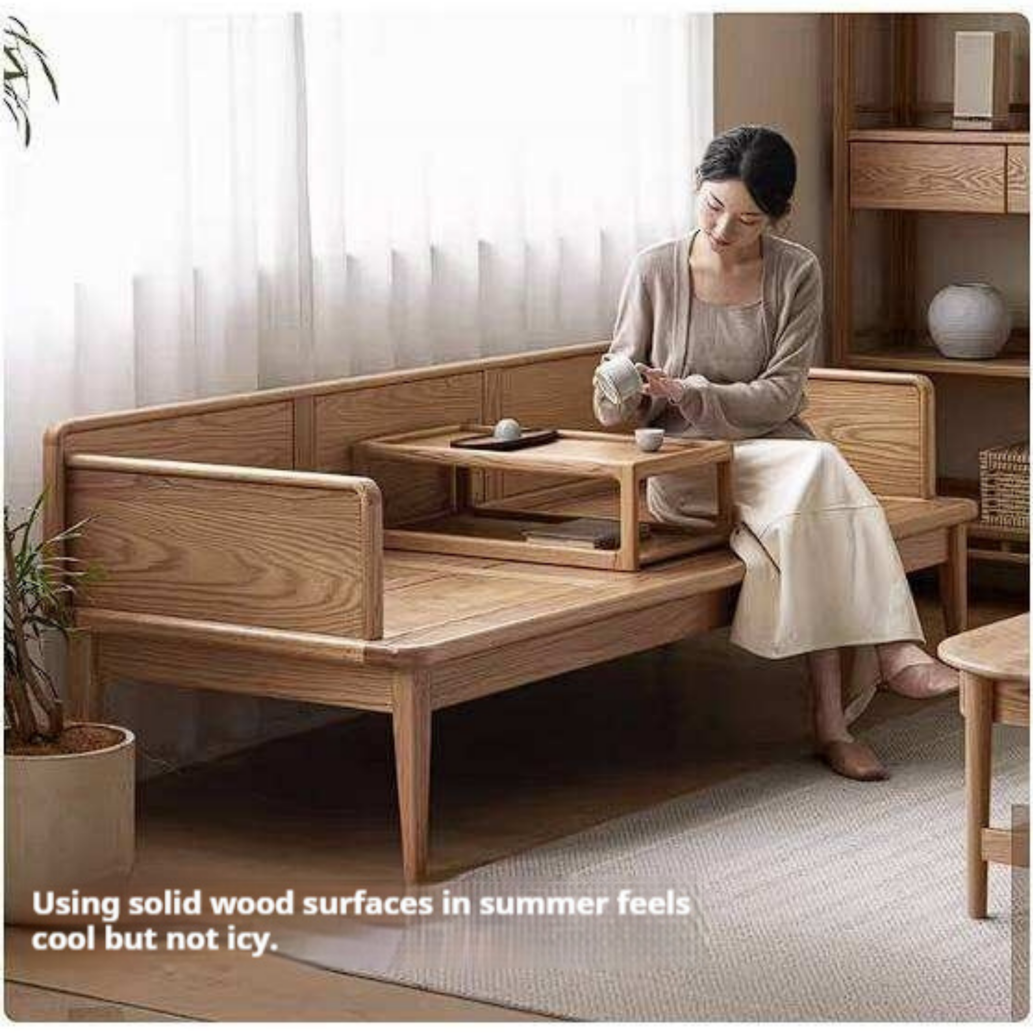 Oak Solid Wood Convertible Sofa Bed with Clean Frame Design