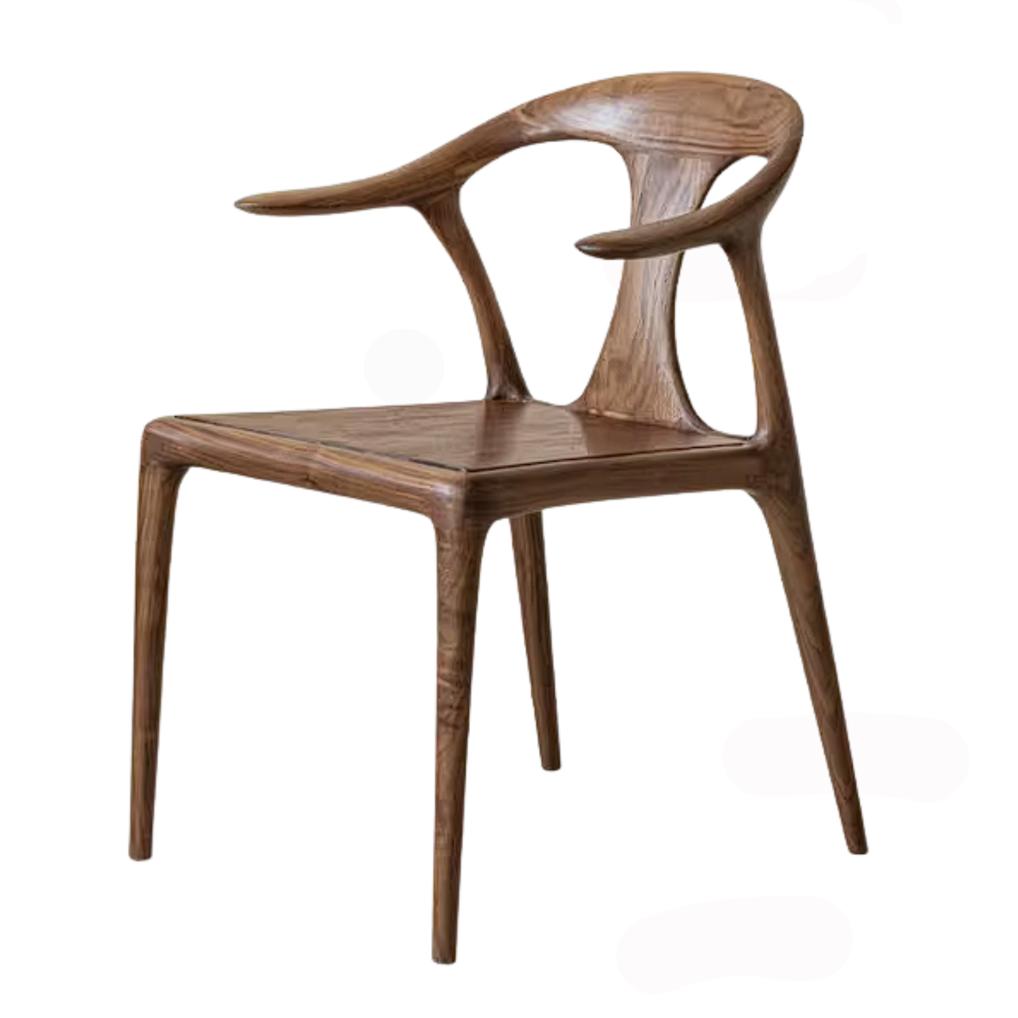 Black Walnut Solid Wood Ox Horn Dining Chair with Carved Curved Armrests