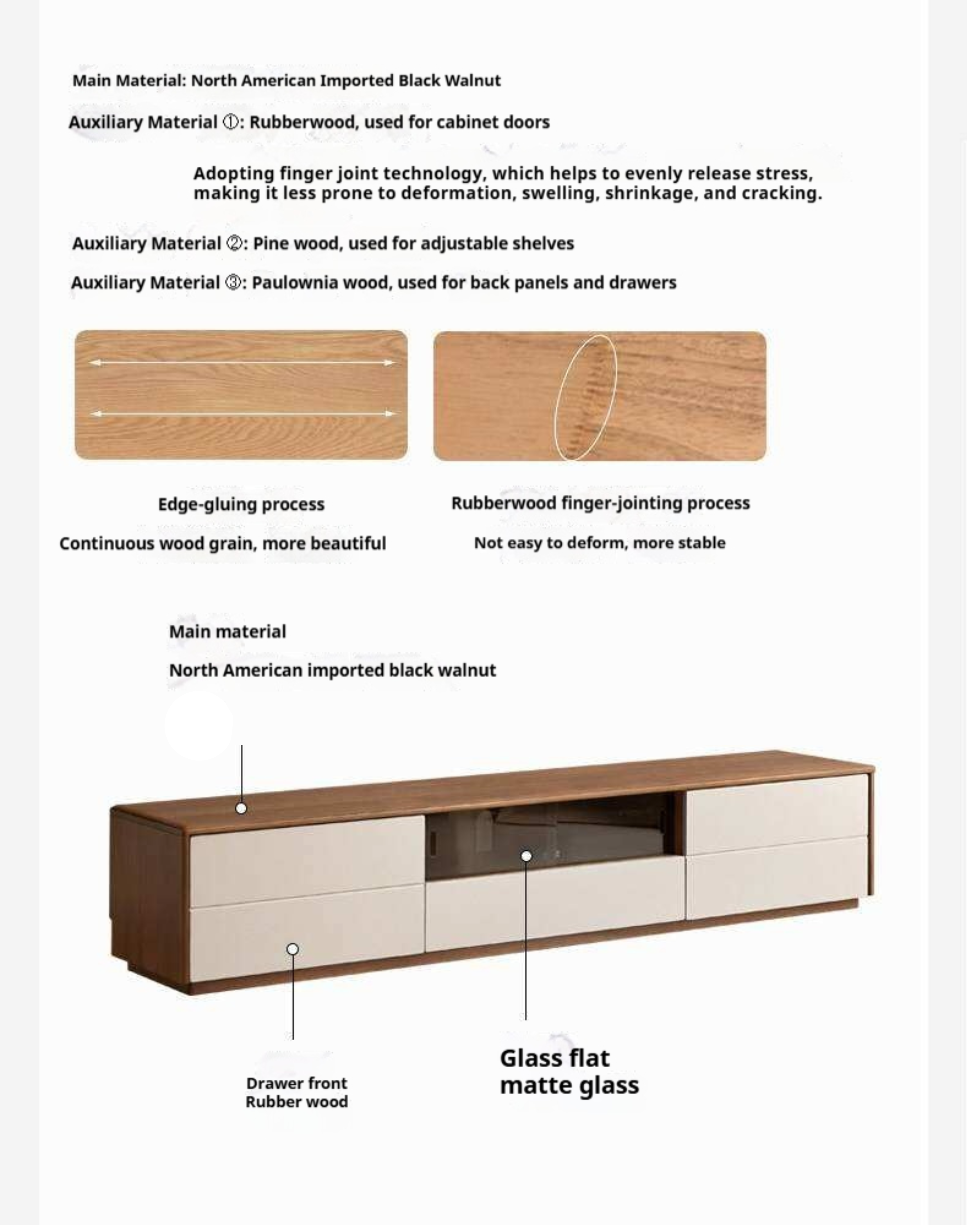 Black Walnut Solid Wood Low Profile TV Stand, Italian Modern Color Block Media Console with Storage