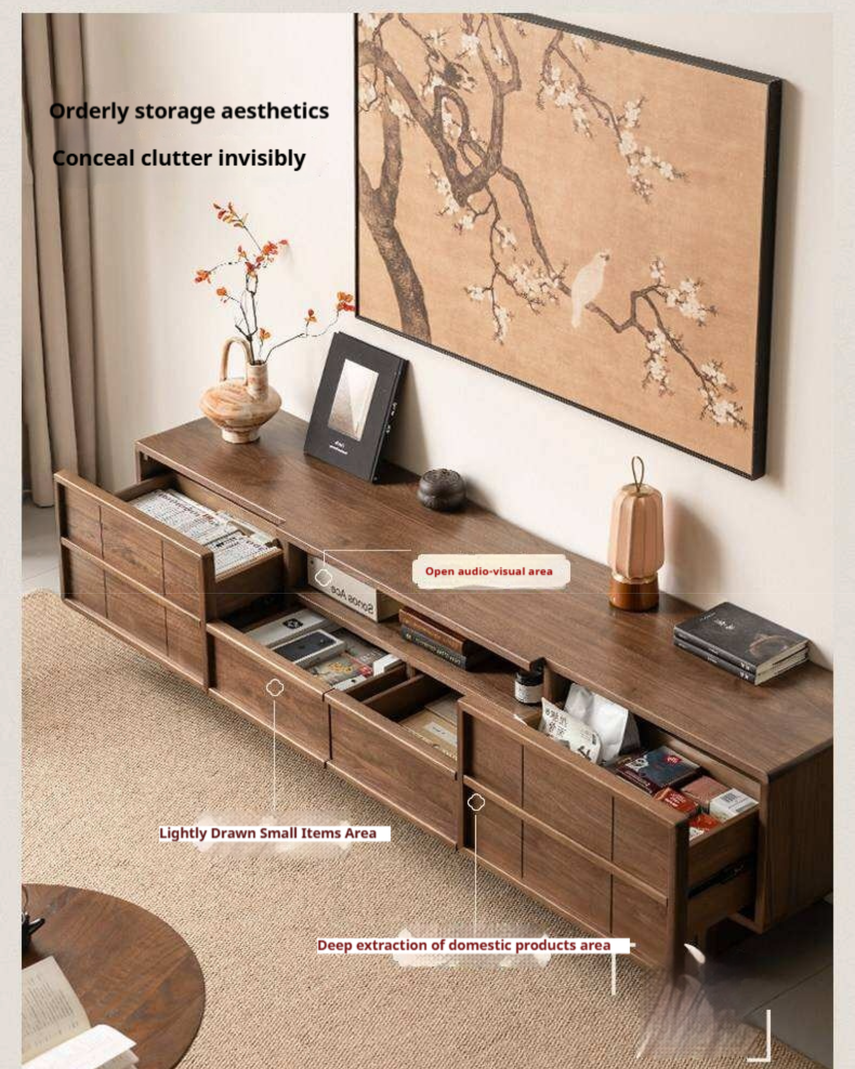 Black Walnut Solid Wood TV Cabinet with Aesthetic Style and Storage Drawers