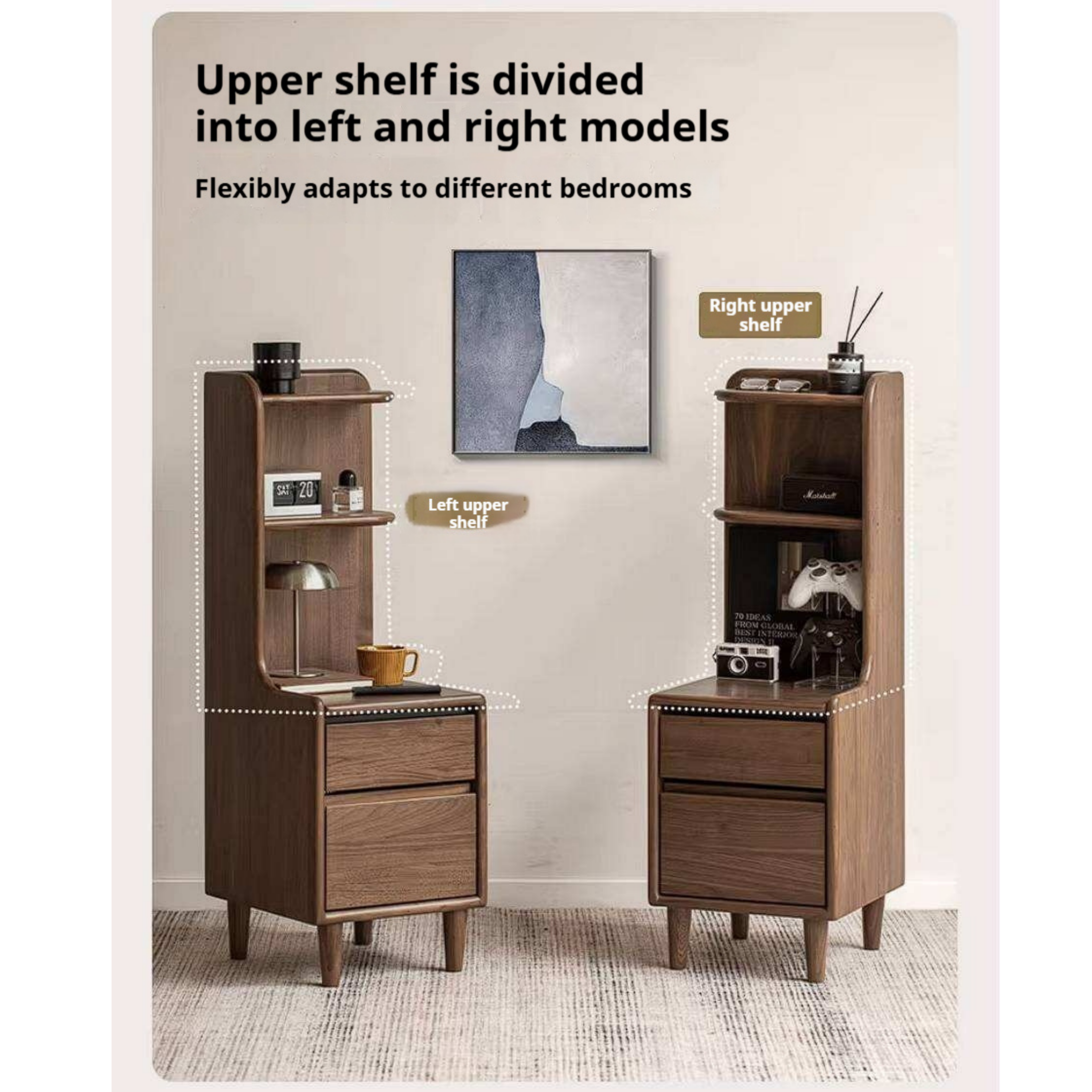 Black Walnut Solid Wood Nightstand with Drawer and Open Shelf