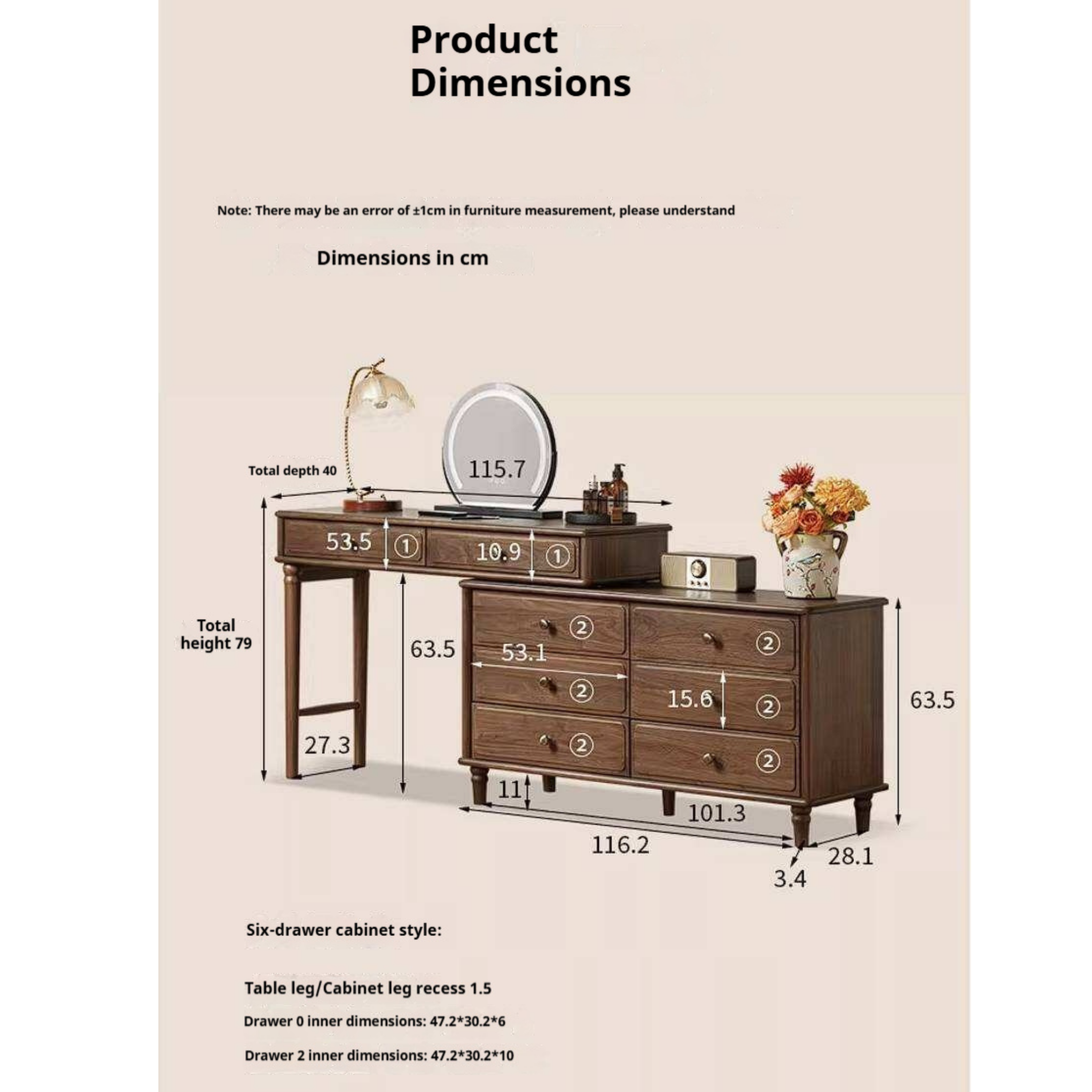 Black Walnut, Oak Solid Wood Extendable Vanity Desk and 6-Drawer Dresser Combo