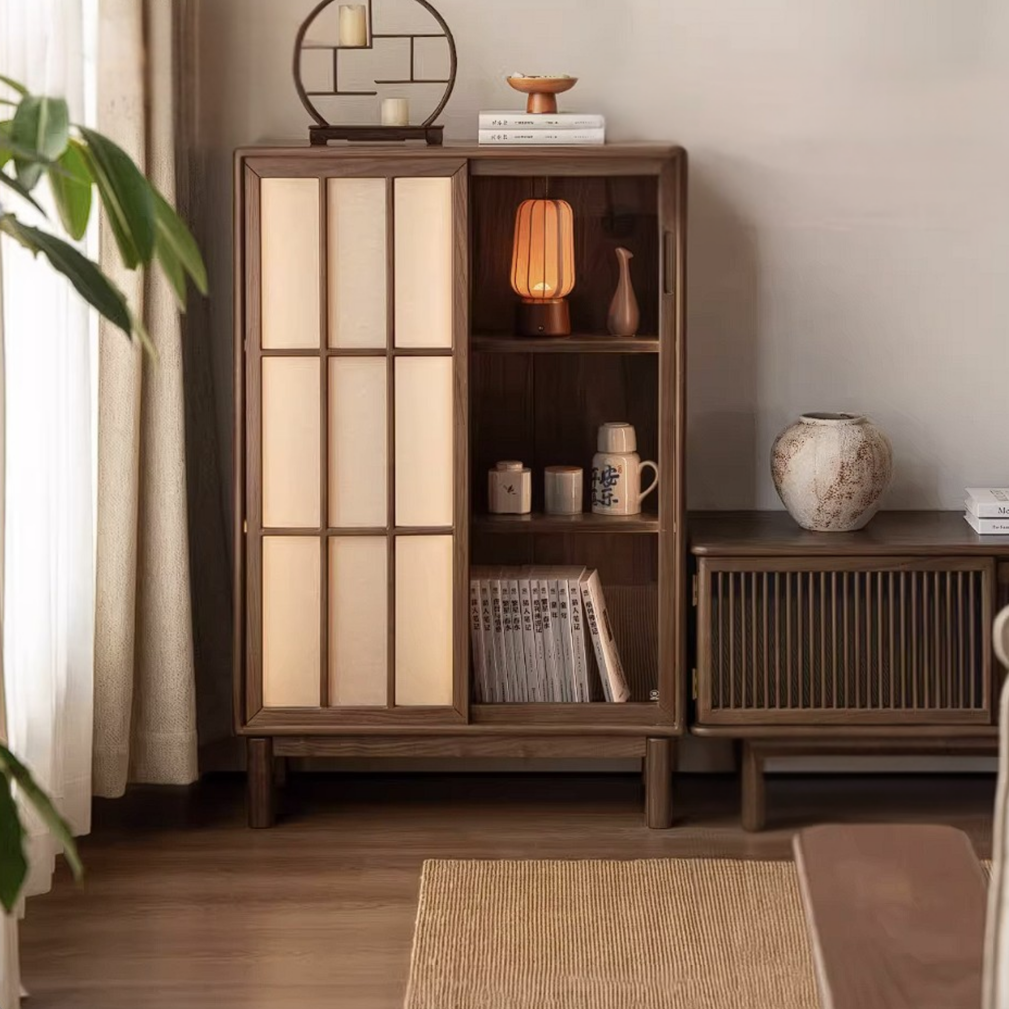 Black Walnut Solid Wood Side Cabinet with Elegant Display and Storage Design