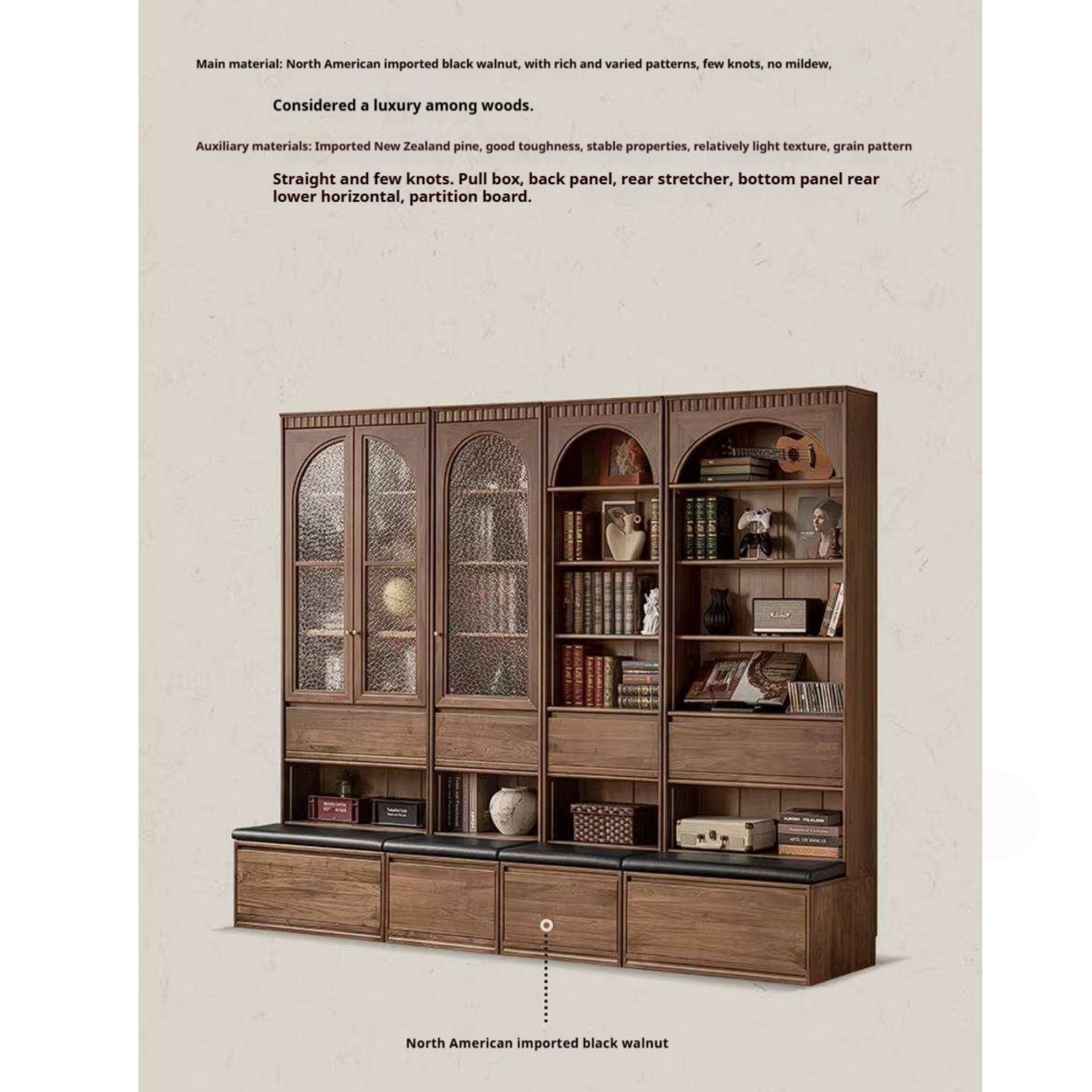 Black Walnut Solid Wood Bookcase with Booth Seating and Display Cabinet