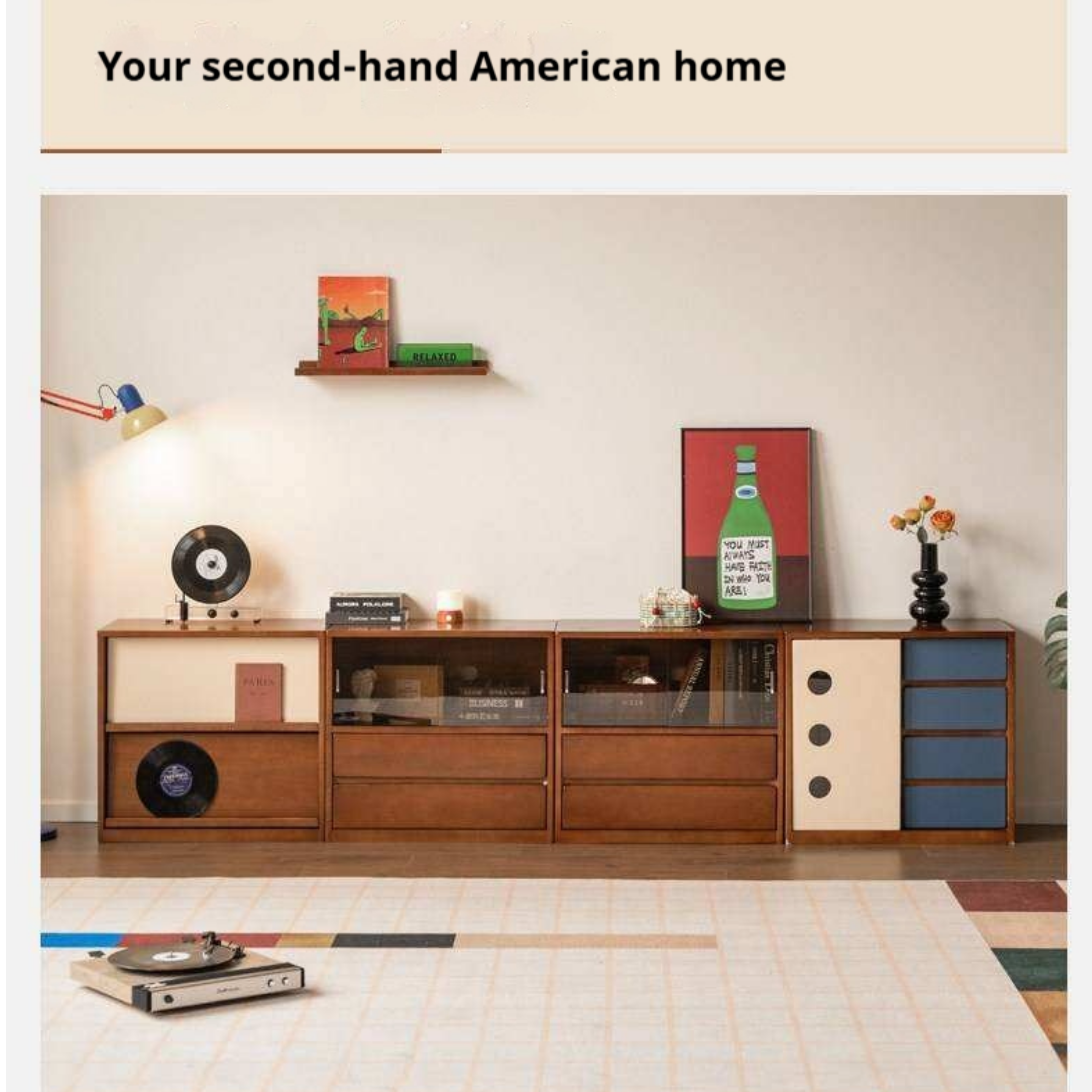Poplar Solid Wood TV Cabinet with Vintage Style Modular Storage Design