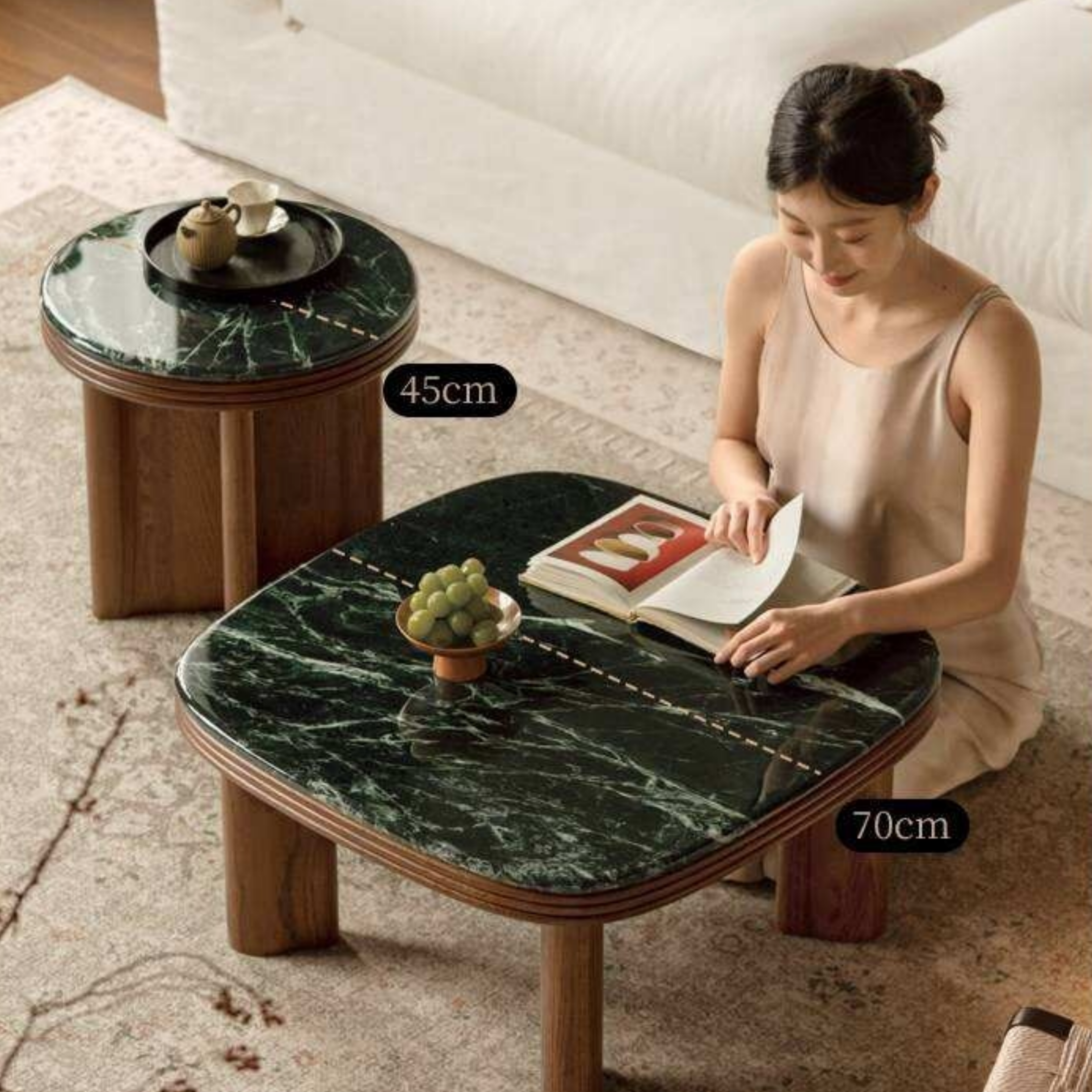 Oak Solid Wood Coffee Table with Green Marble Surface