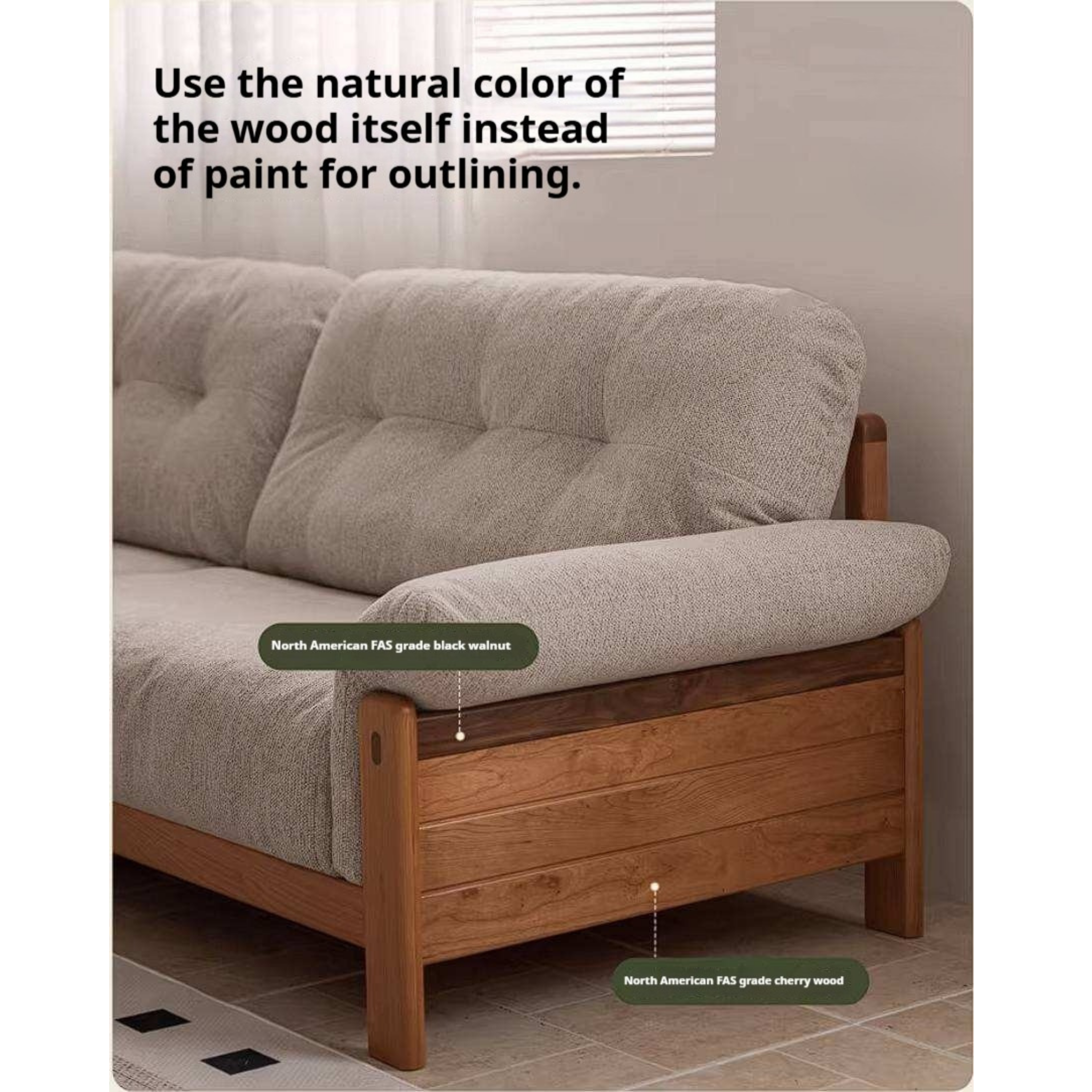 Cherry Solid Wood Vintage Frame Chenille Sofa with Exposed Slatted Arms