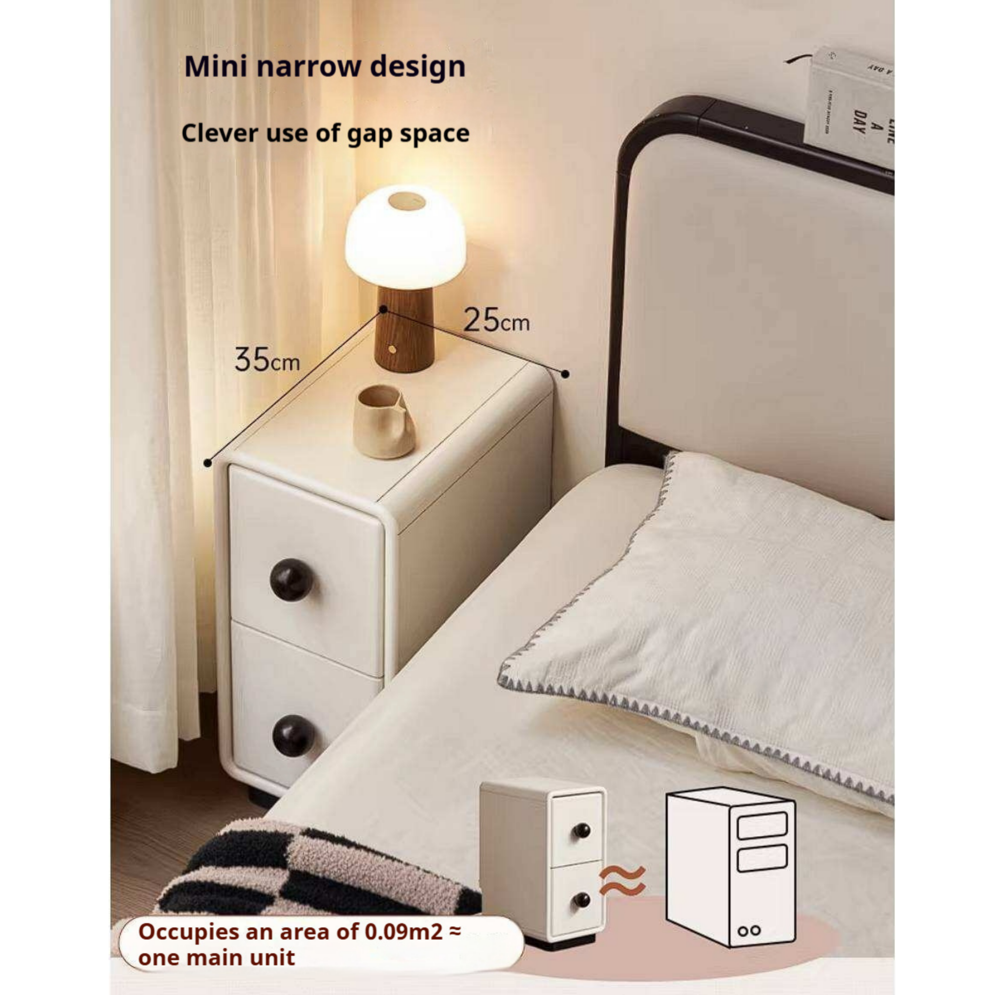 Rubberwood Solid Wood Slim Cream White Nightstand with Rounded Corners and Two Drawers