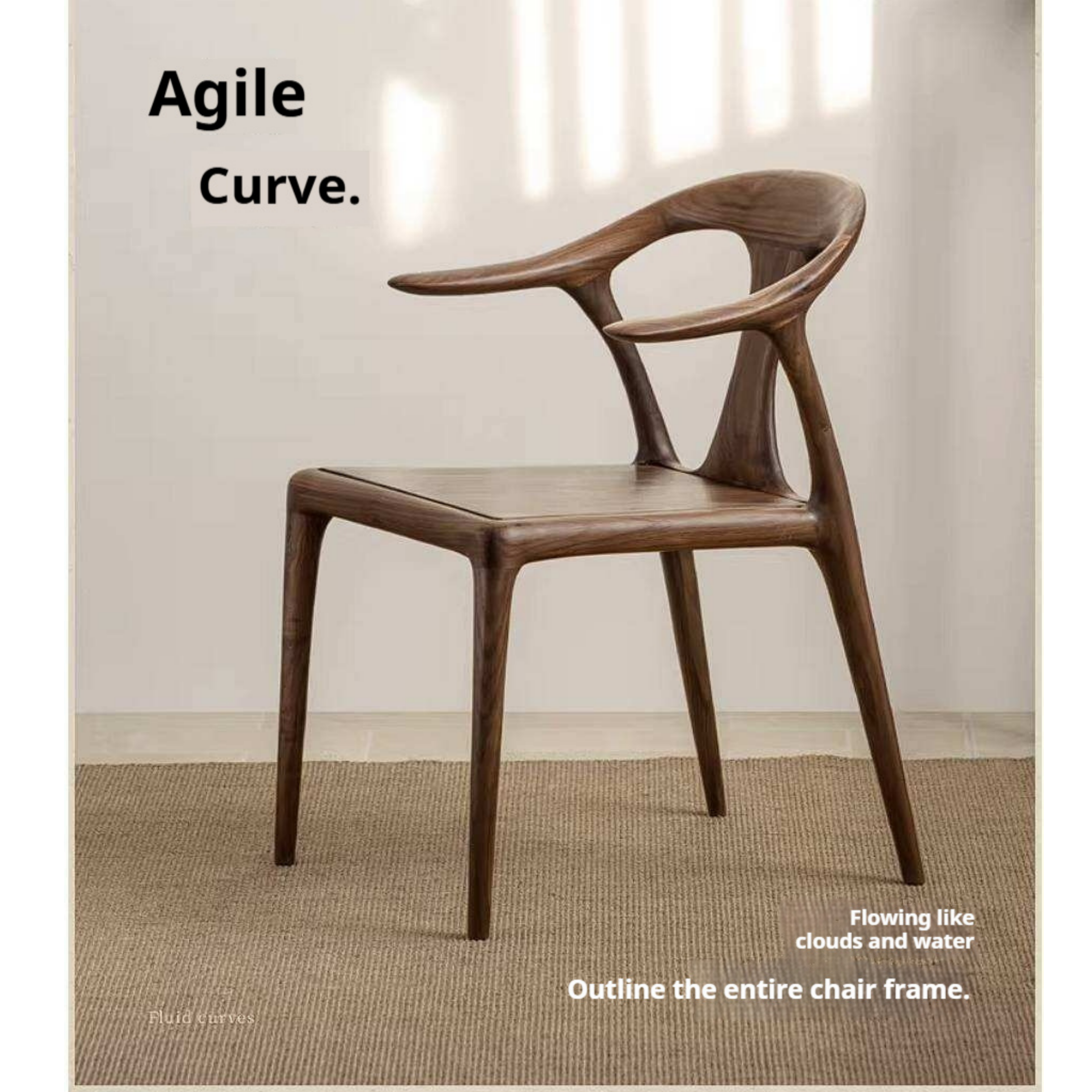 Black Walnut Solid Wood Ox Horn Dining Chair with Carved Curved Armrests