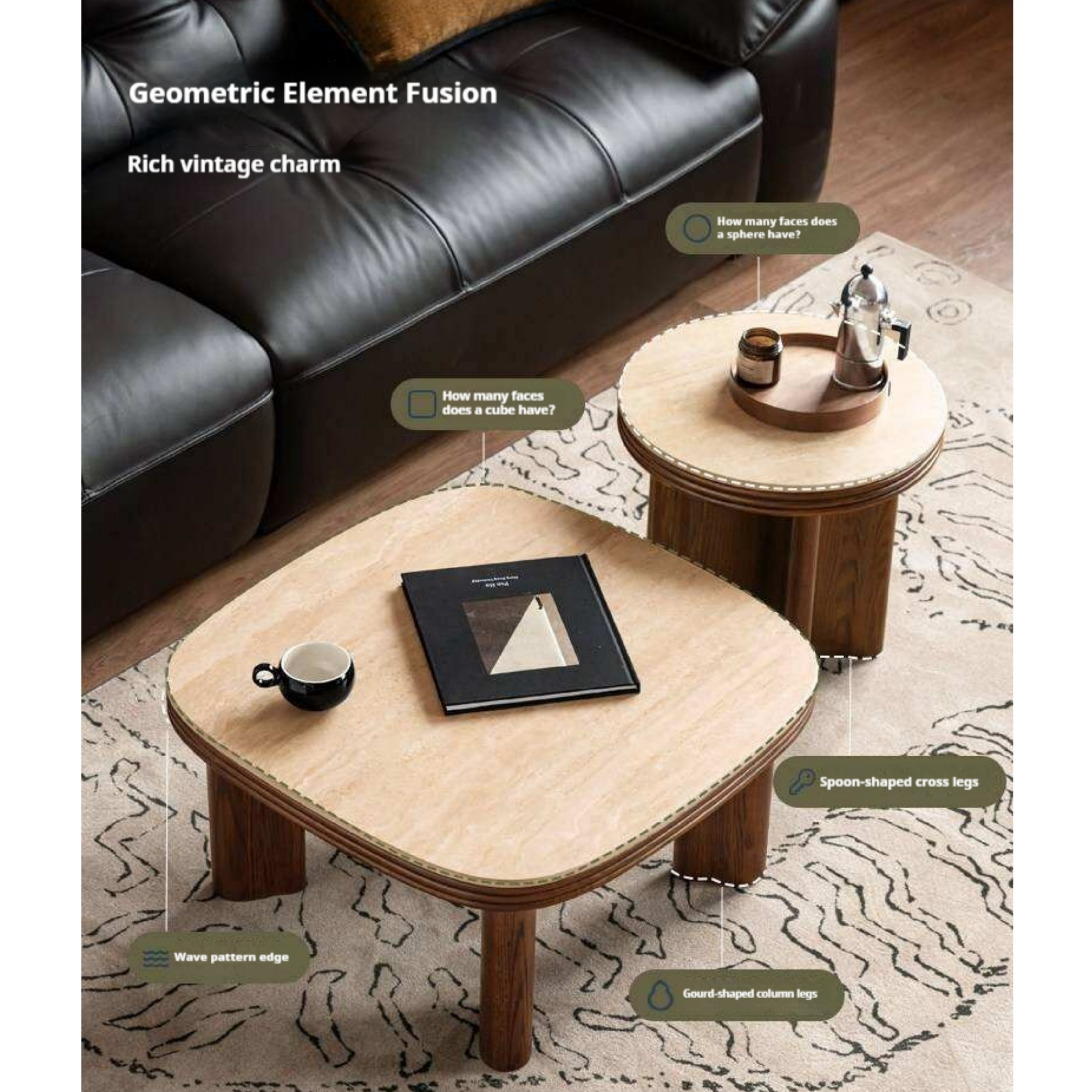 Oak Solid Wood Round Nesting Coffee Table with Stone Surface