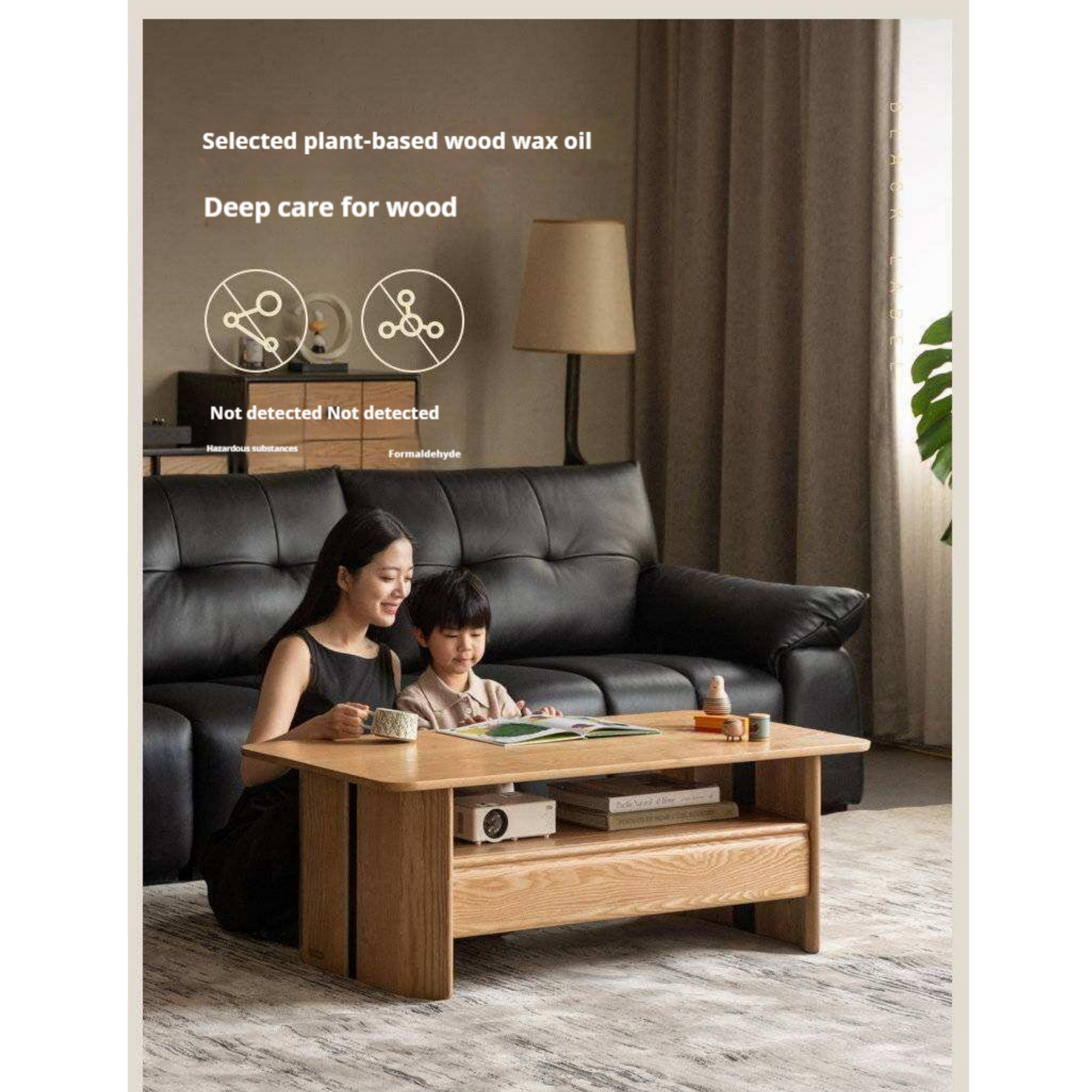 Ash Solid Wood Coffee Table with Two-Level Storage and Minimalist Design