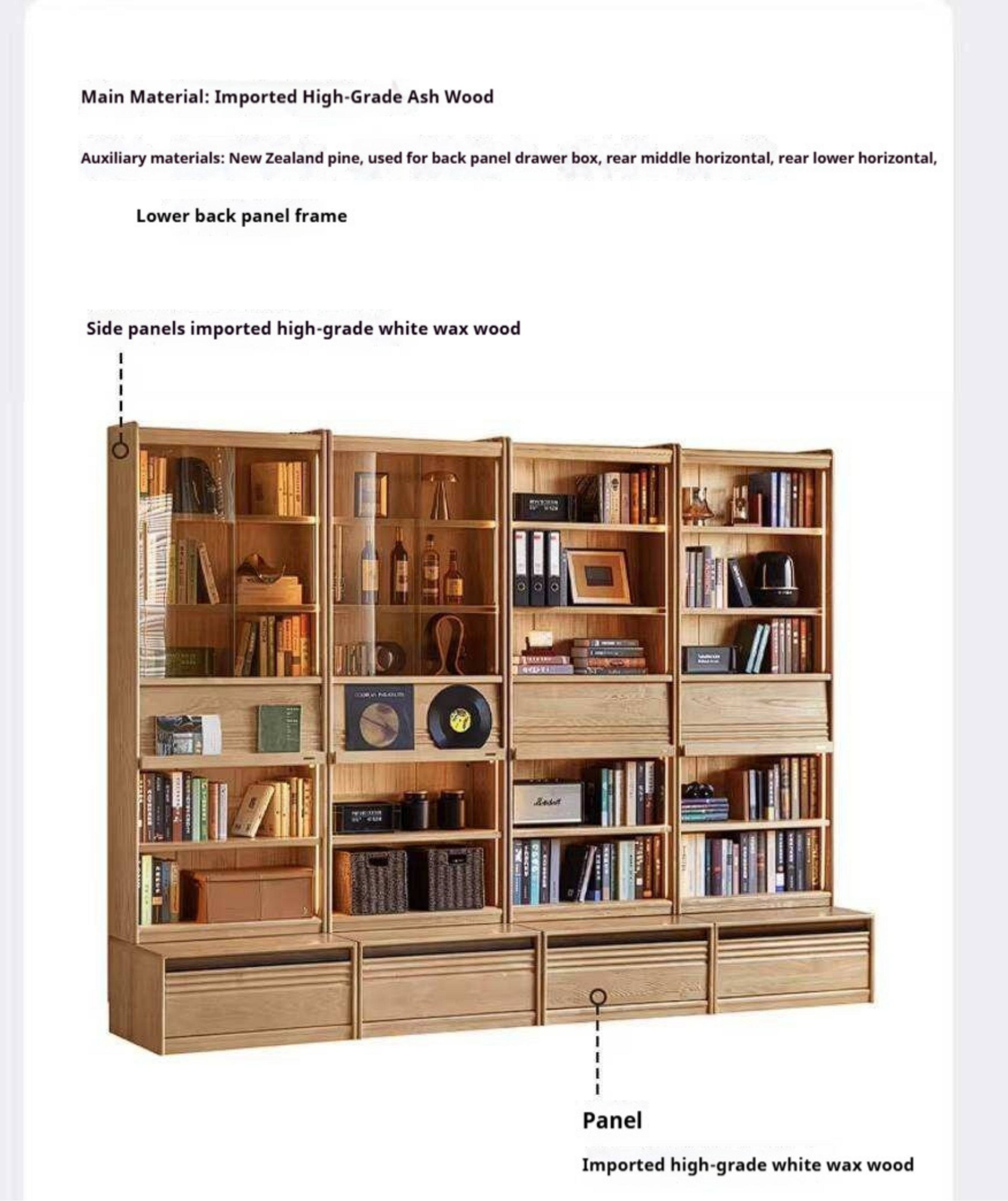 Ash Solid Wood Bookshelf with Wall Mounted Display Cabinet Design