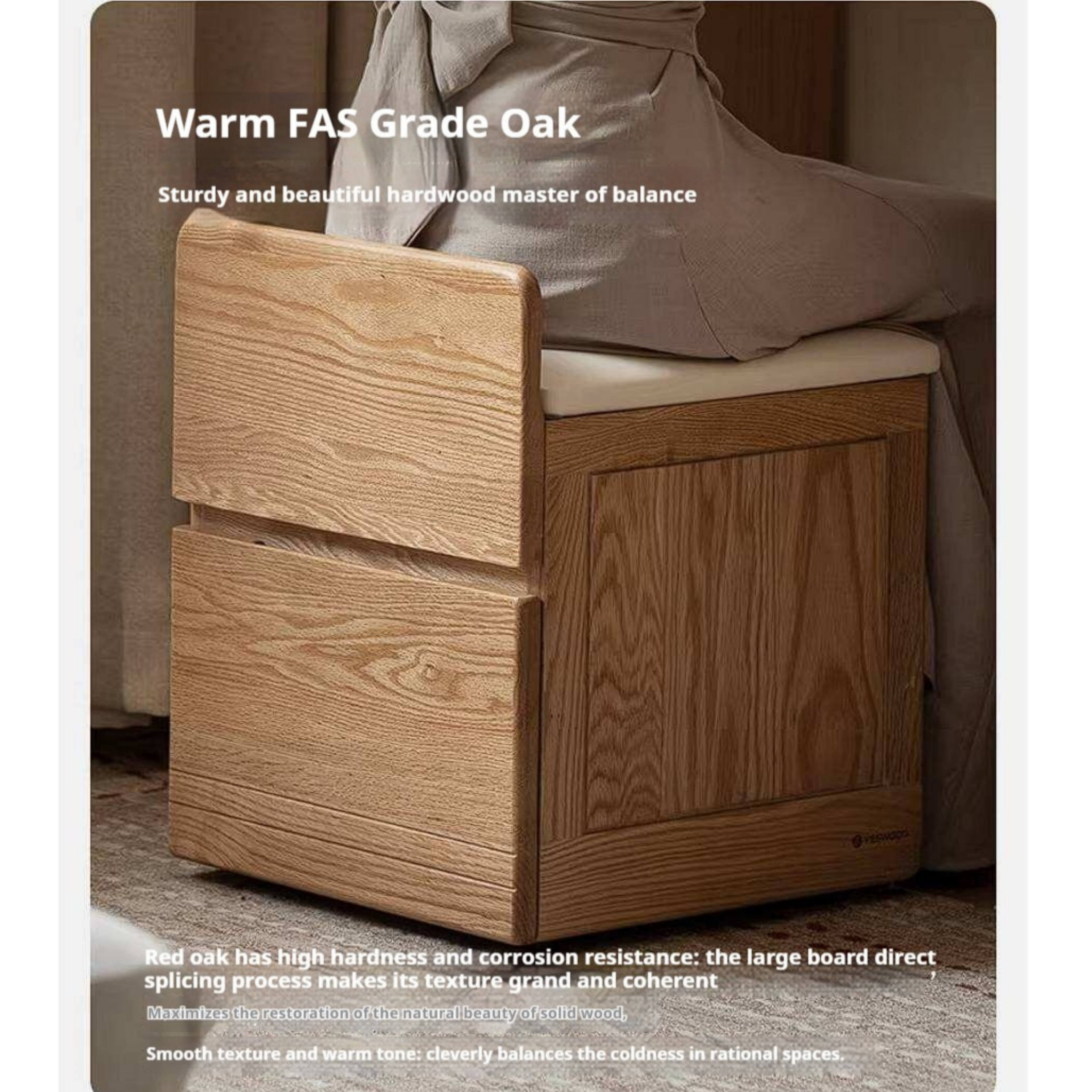 Oak, Ash, Black Walnut, Cherry Solid Wood Storage Vanity Stool with Upholstered Flip-Top Seat and Drawer