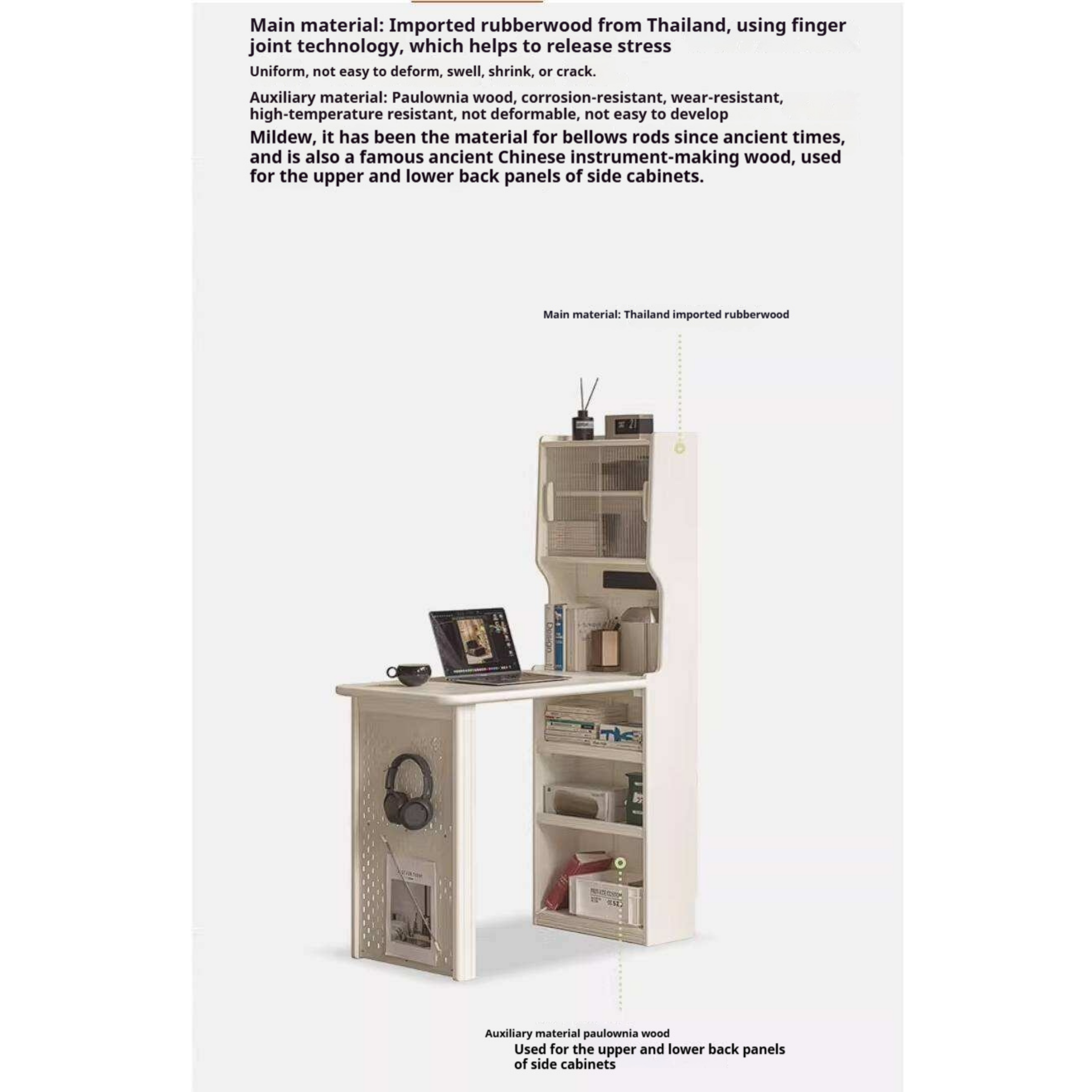 Rubberwood Solid Wood Convertible Vanity Desk with Multi-Functional Storage and Office Setup