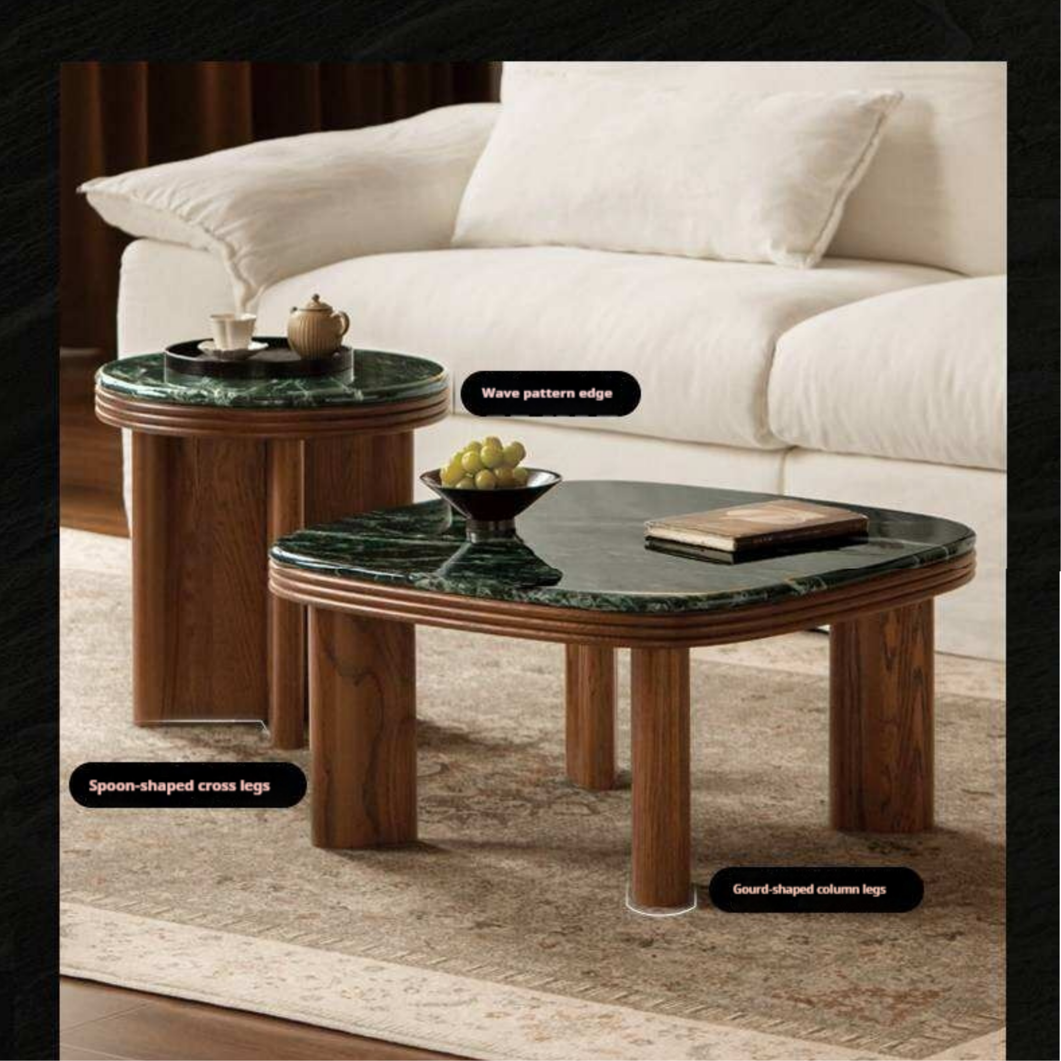 Oak Solid Wood Coffee Table with Green Marble Surface