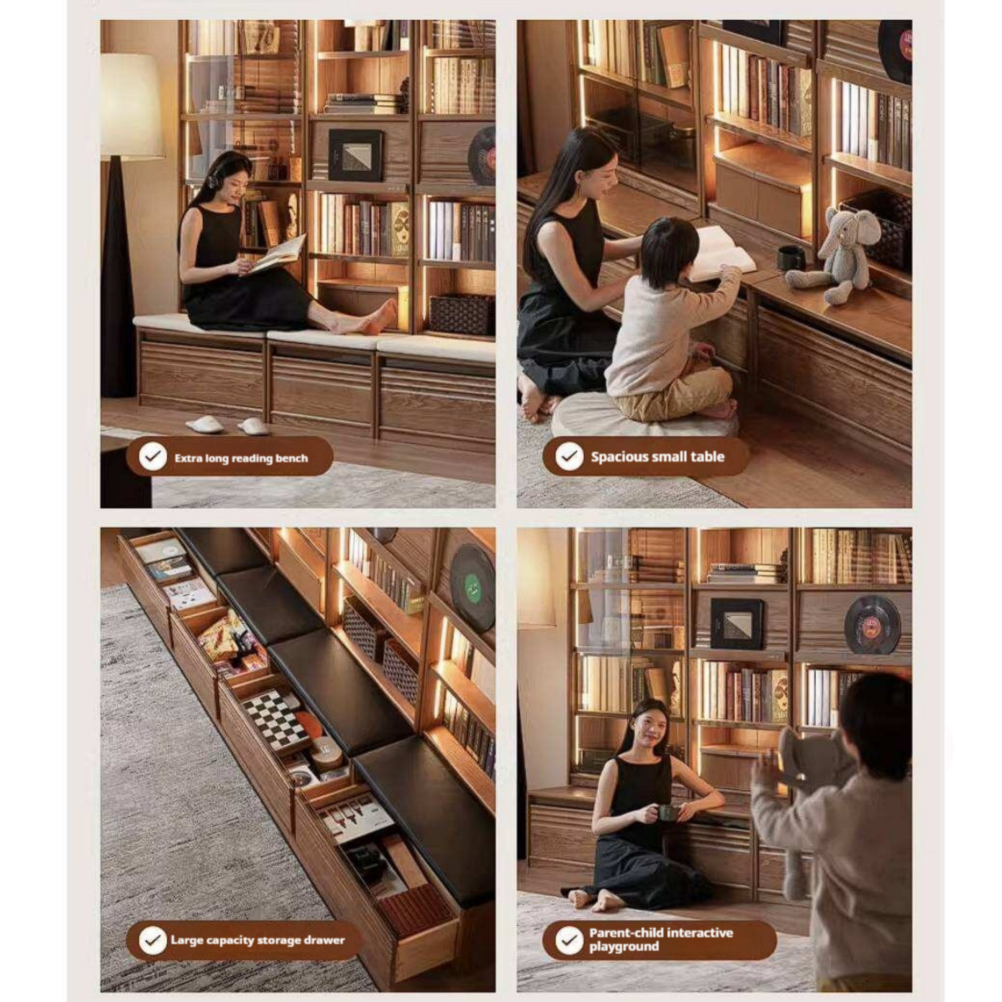 Ash Solid Wood Bookcase with Built In Bench Seat and Storage Drawer, Display Cabinet